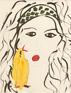 "A lady with a headband and a bird"