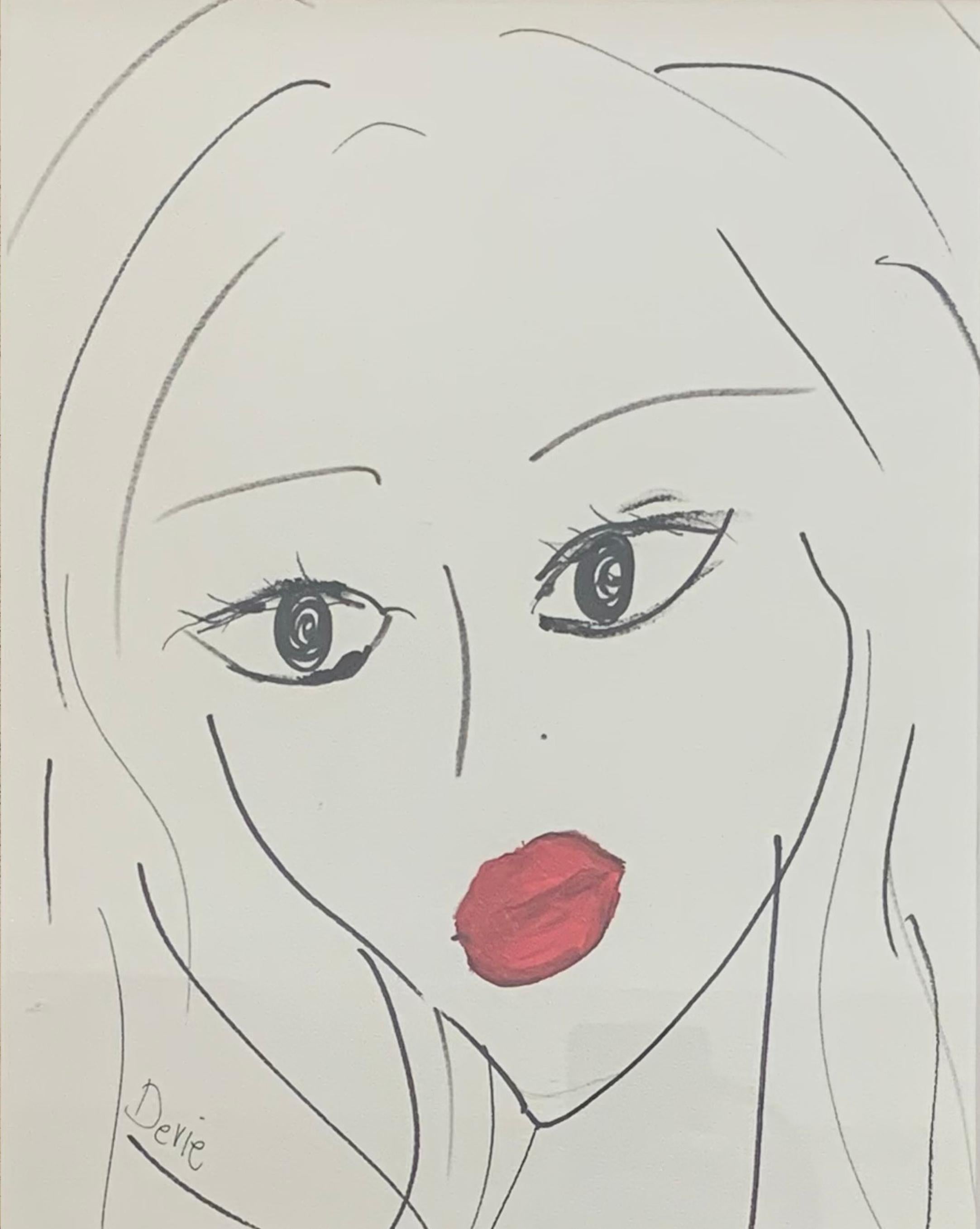 Devie Elzafon Portrait – Rote Lippen - Tinte & Acryl  Zeichnung  Porträt-Frauen auf Papier von Devie