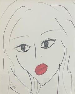Red Lips - Ink & Acrylic  Drawing  Portrait Women On Paper By Devie