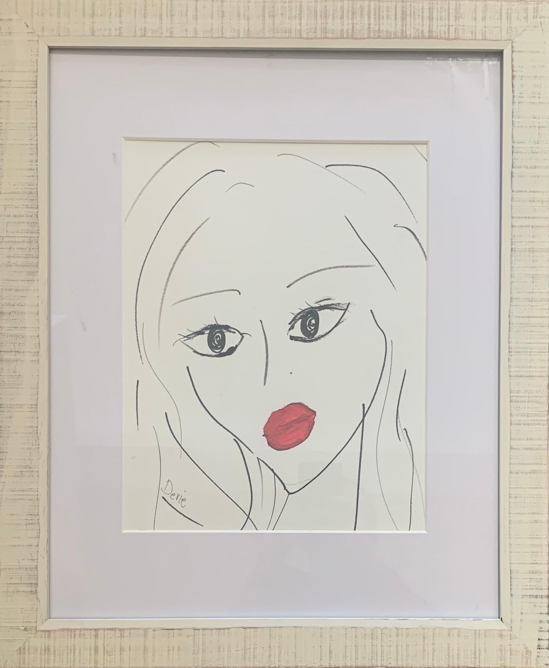 Rote Lippen - Tinte & Acryl  Zeichnung  Porträt-Frauen auf Papier von Devie – Art von Devie Elzafon