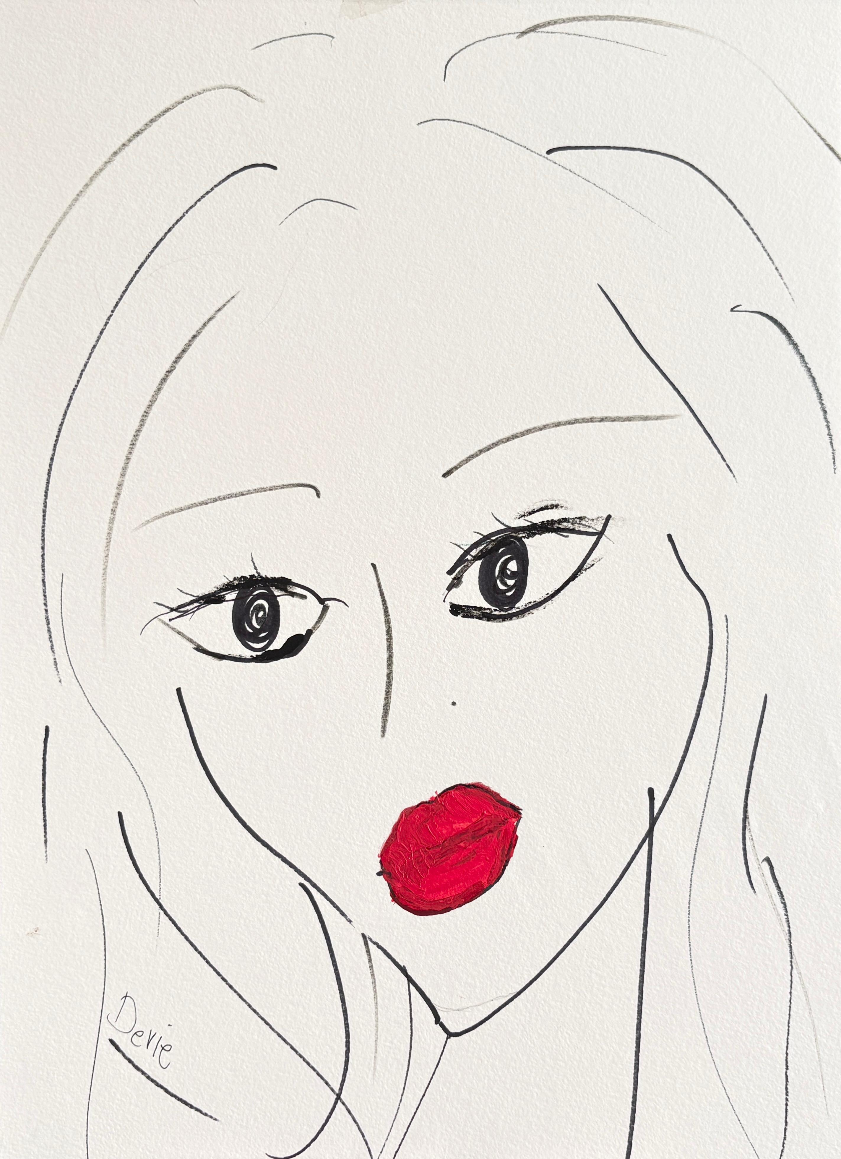 Lips rouges - Encre et acrylique  Dessin d
un dessin  Portraits de femmes sur papier par Devie