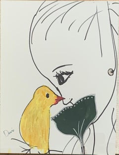 ""Gelber Vogel Schwarze Maske" Tinte & Acryl auf Papier gerahmt von Devie