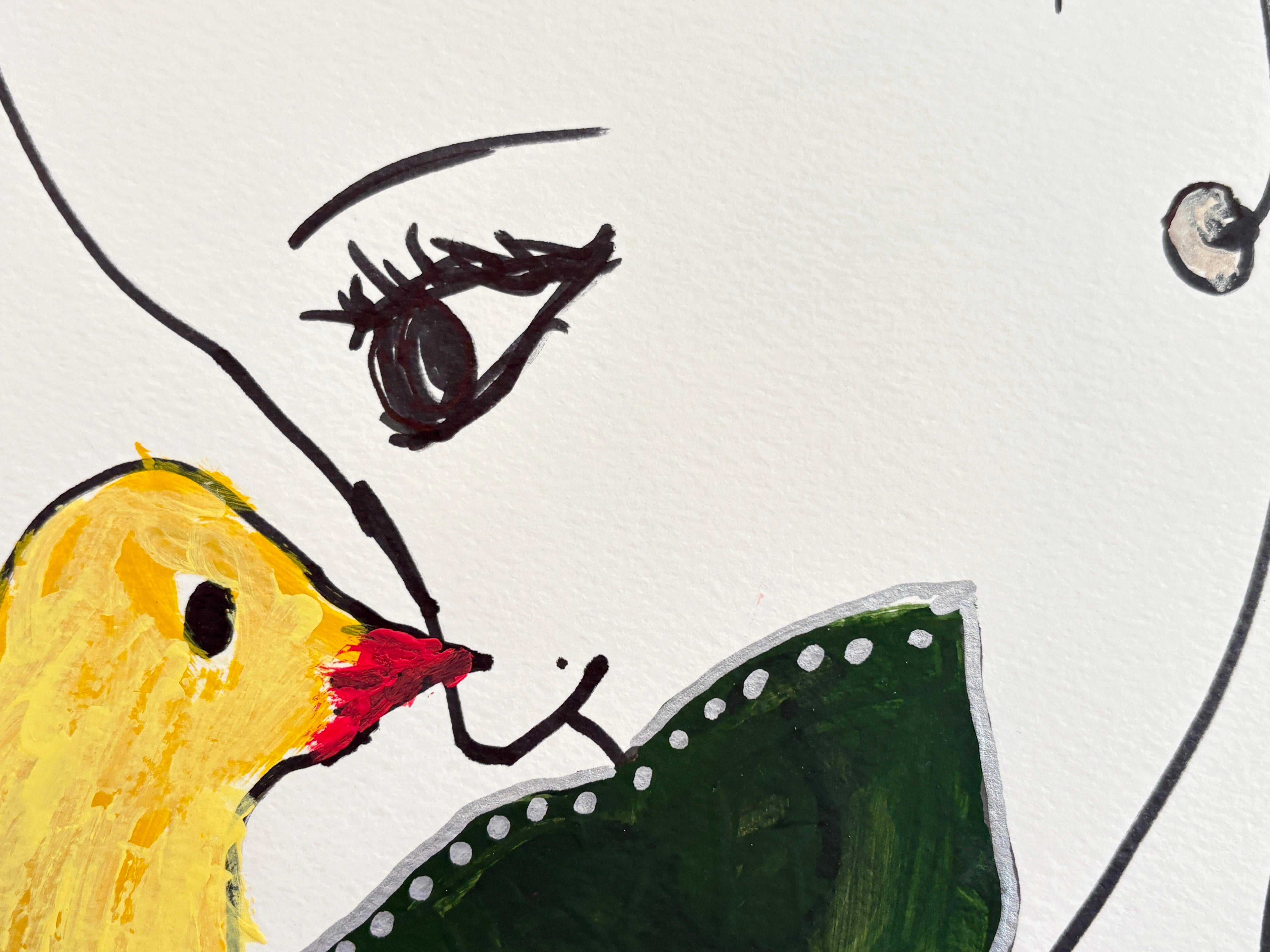 Encre et acrylique sur papier encadrée par Devie « Oiseau Noir Masque » en vente 1