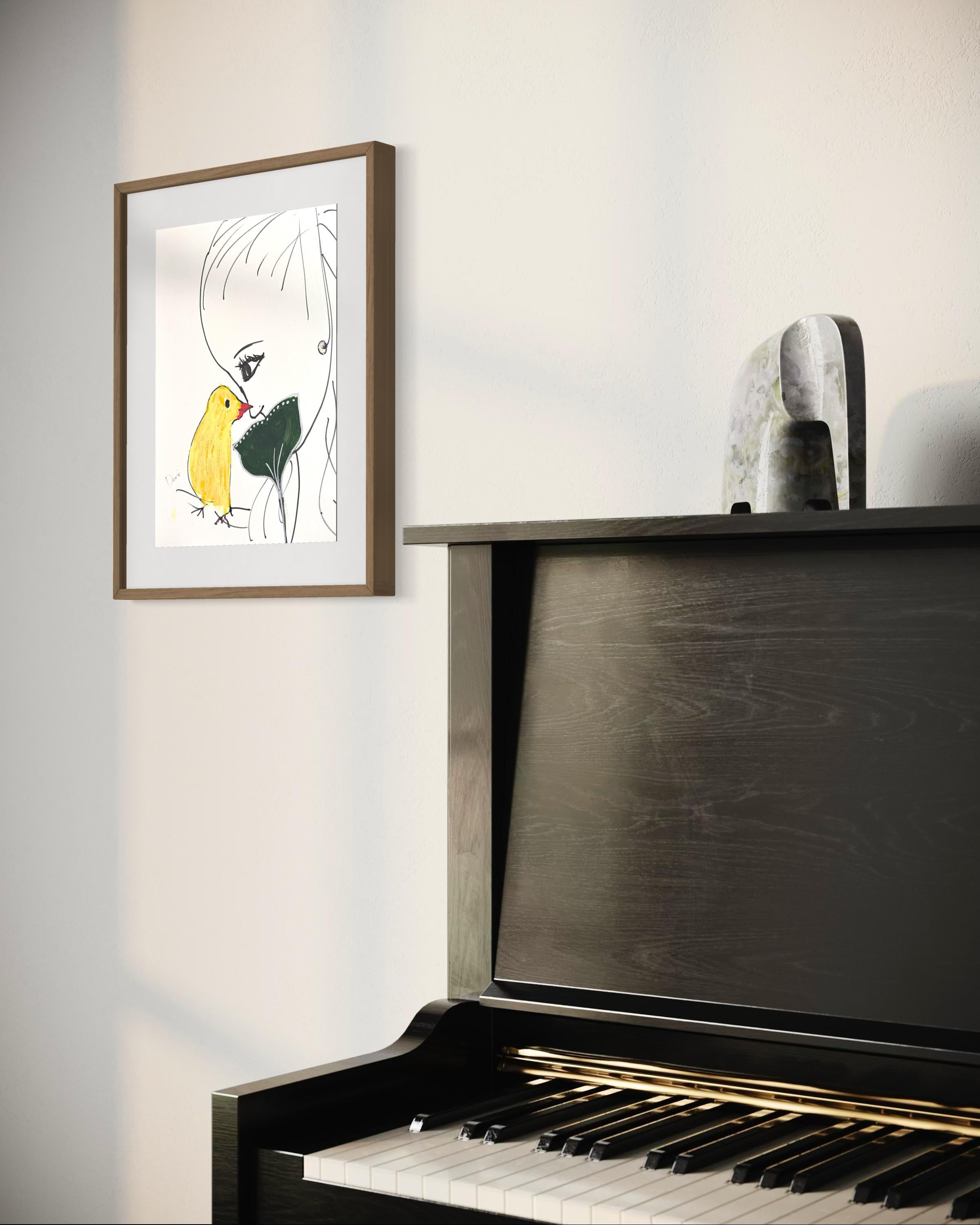 Encre et acrylique sur papier encadrée par Devie « Oiseau Noir Masque » en vente 2