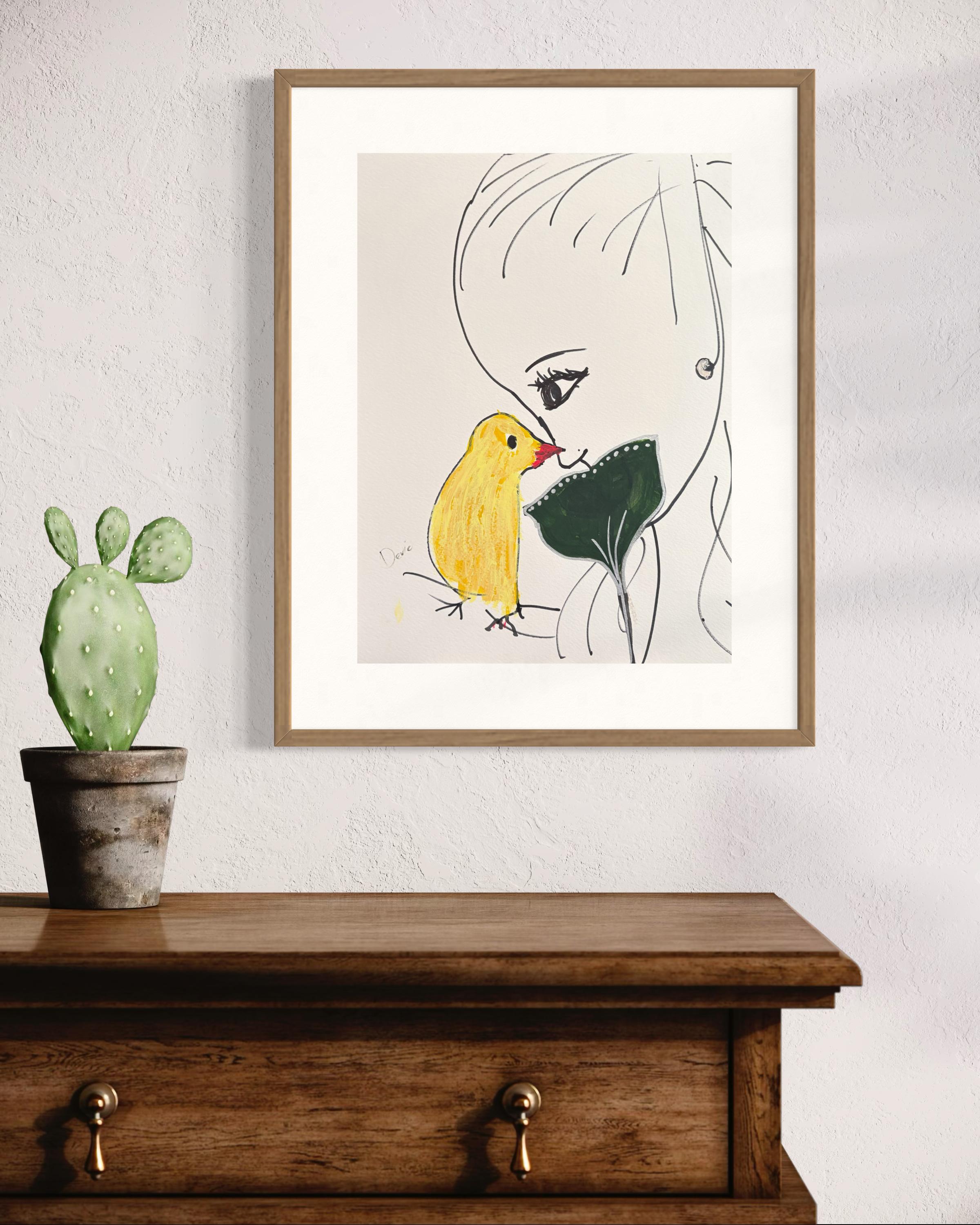 Encre et acrylique sur papier encadrée par Devie « Oiseau Noir Masque » - Art de Devie Elzafon