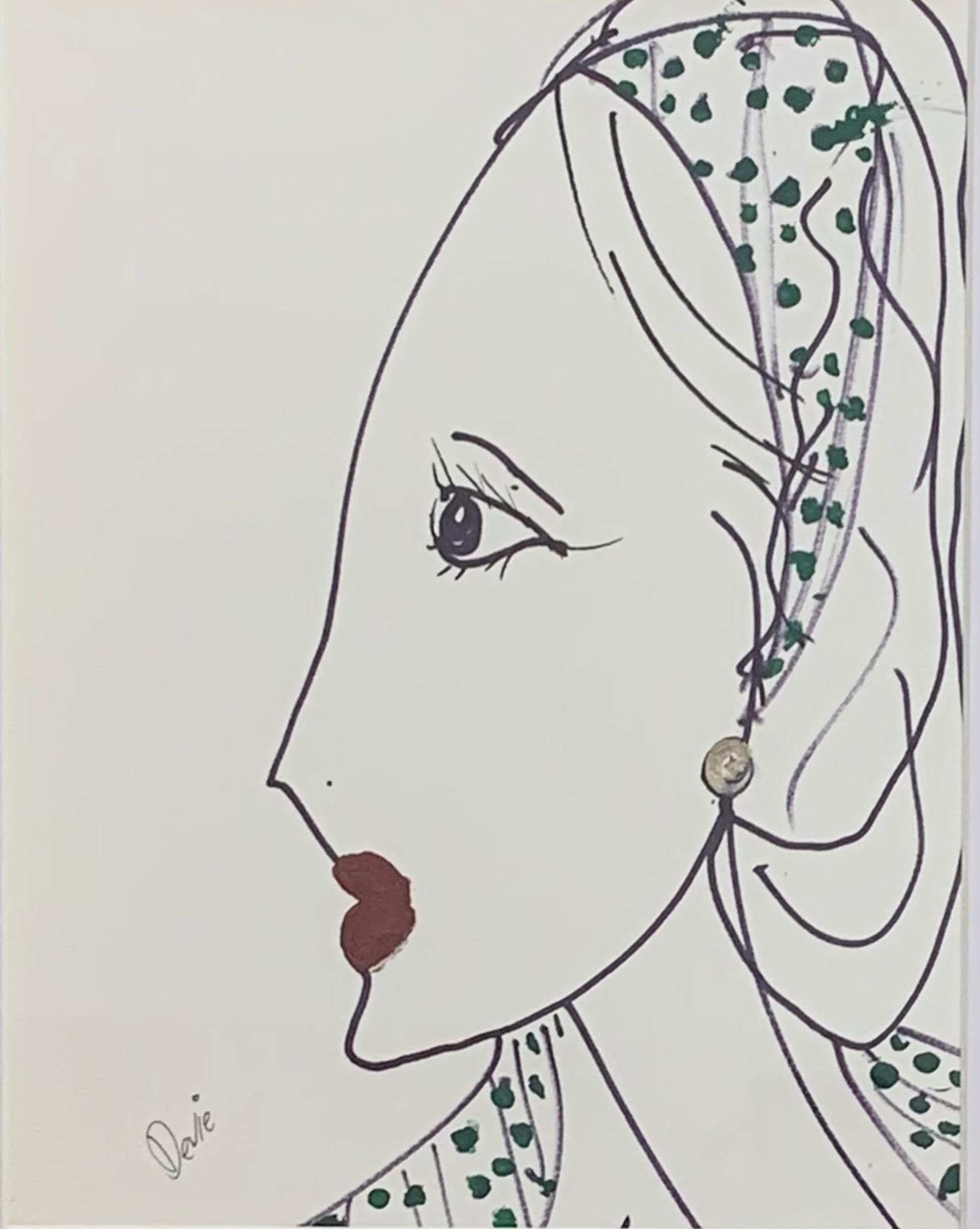 Devie Elzafon Portrait - "Woman in Paris" Ink & Acrylic on paper framed by Devie