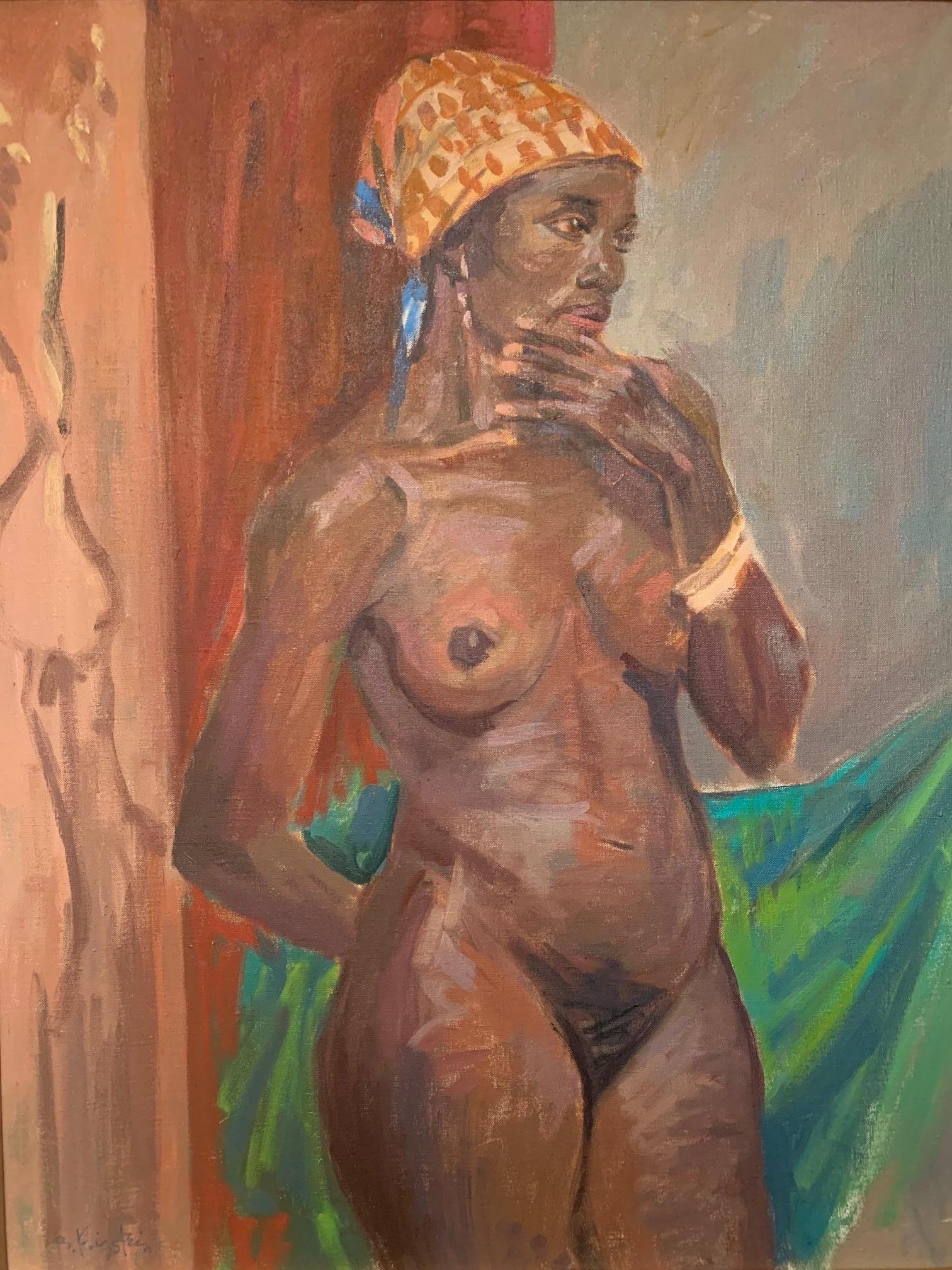 Bernard Krigstein Nude Painting - ‘African Diva’ Figurative Nude Femail Oil On Canvas Ashcan School Movement 