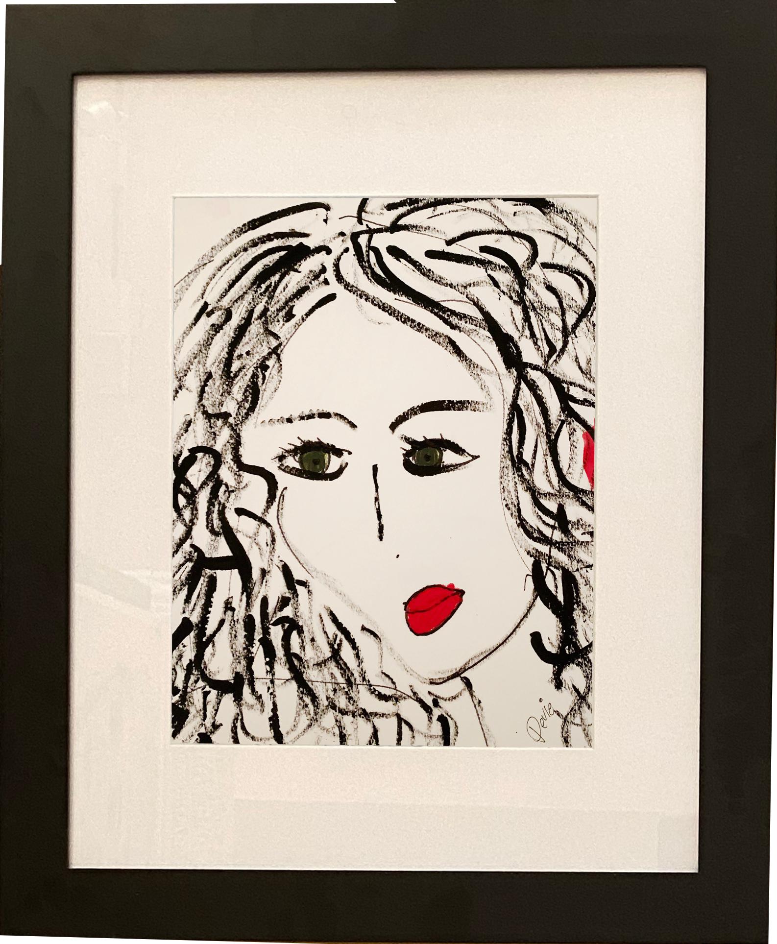 « Portrait en noir et rouge », encre et acrylique sur papier encadré par Devie - Art de Devie Elzafon