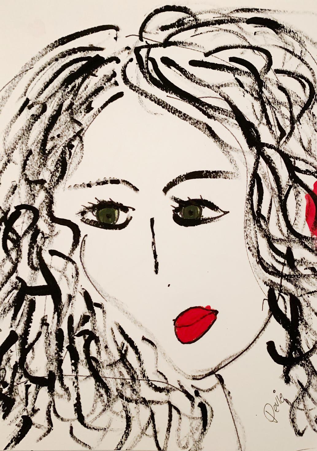 « Portrait en noir et rouge », encre et acrylique sur papier encadré par Devie