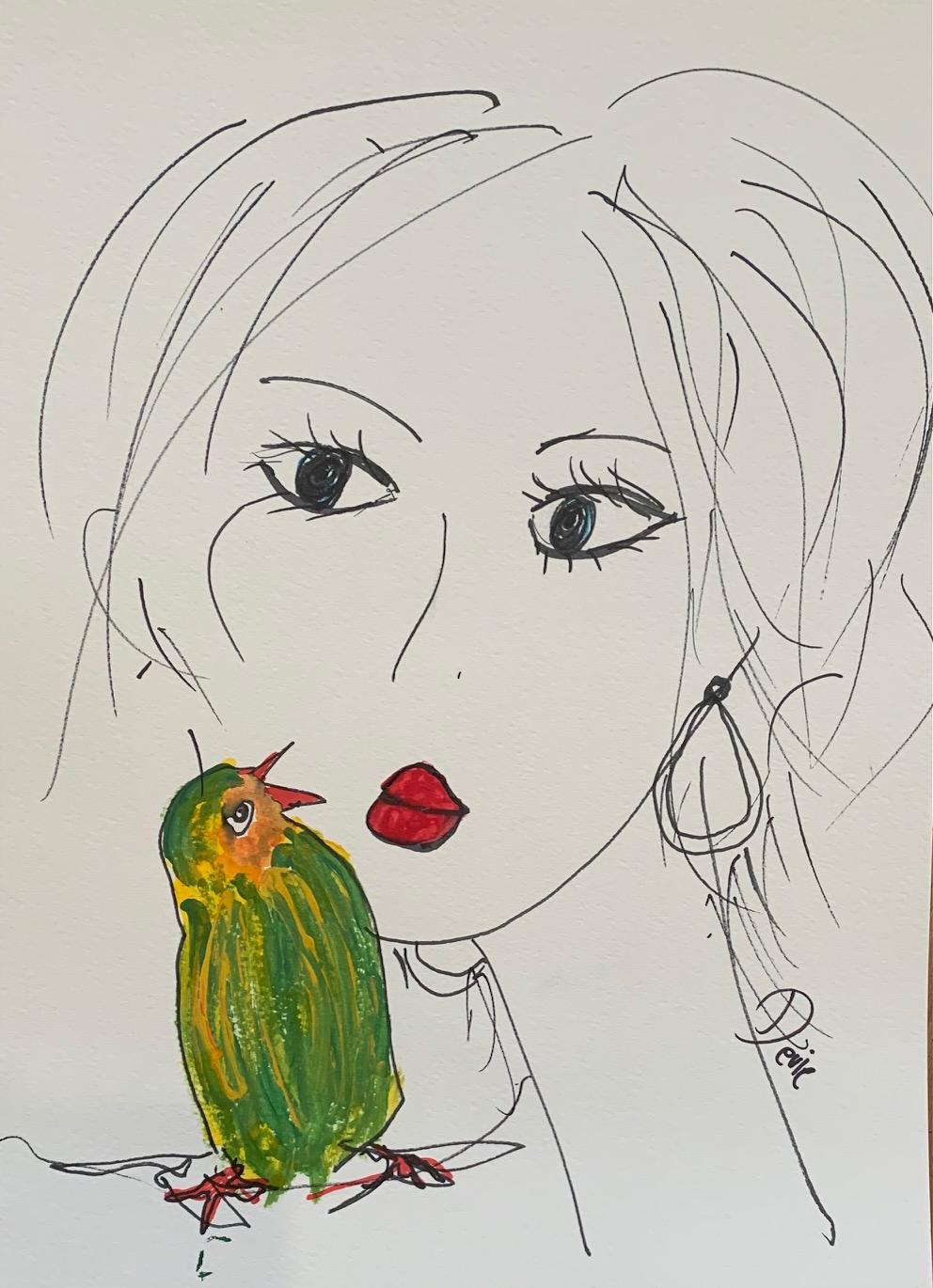 Devie Elzafon Figurative Art – Love My Bird Original-Zeichnung  Frau  Portrt-Tinte und Acryl auf Papier von Devie