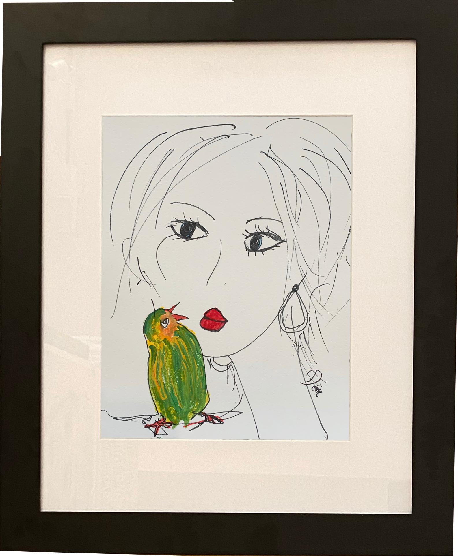 Love My Bird Original-Zeichnung  Frau  Portrt-Tinte und Acryl auf Papier von Devie – Art von Devie Elzafon