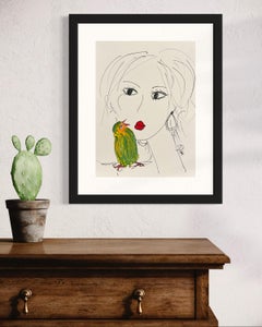 Love My Bird Original-Zeichnung  Frau  Portrt-Tinte und Acryl auf Papier von Devie