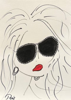 "Mystery" - Contemporary Minimalist Ink Portrait of a Woman in Black Sunglasses