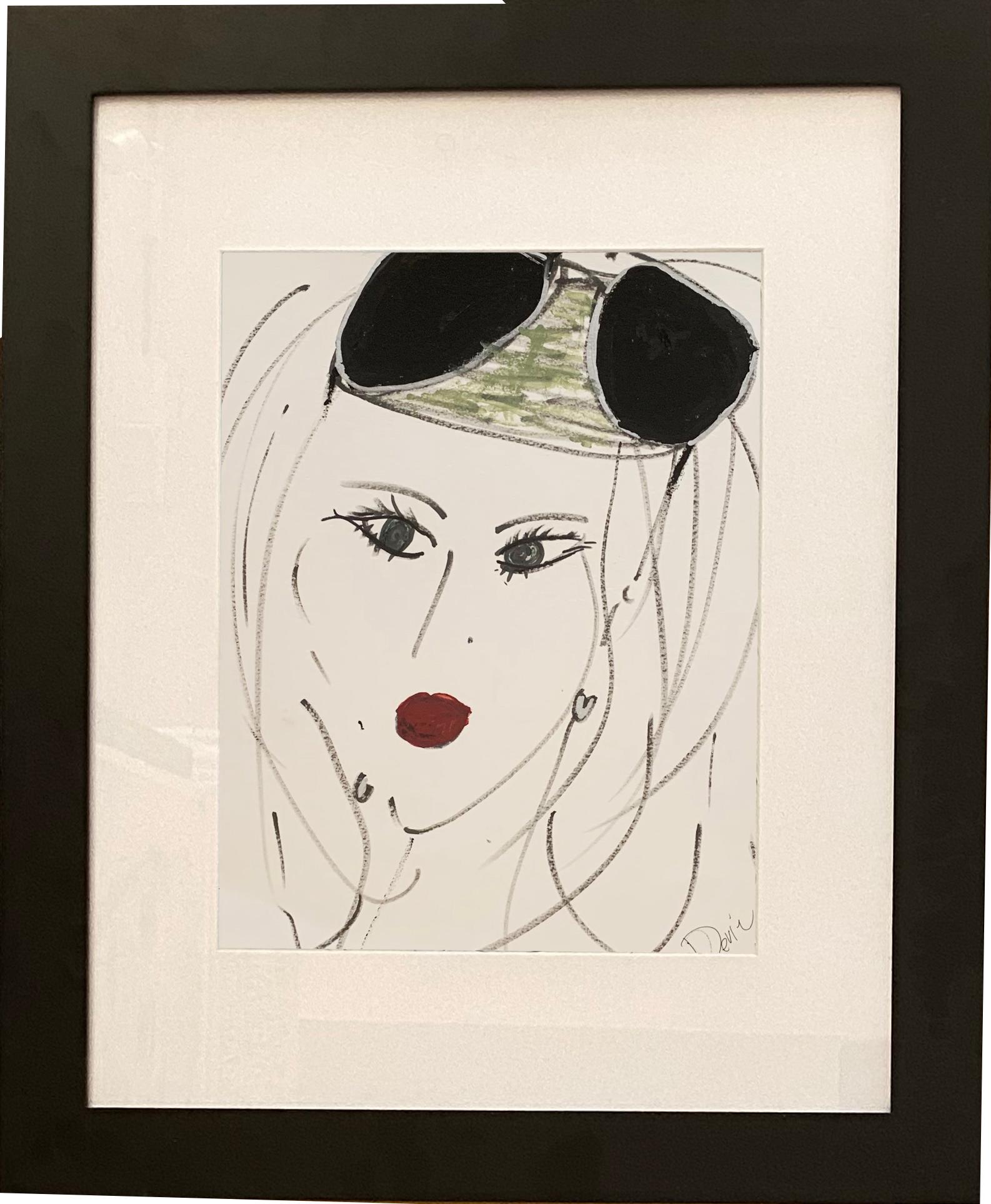 „Frauen- und Sonnenbrille“ Porträt Originalzeichnung  Tusche und Acryl auf Papier von Devie – Art von Devie Elzafon