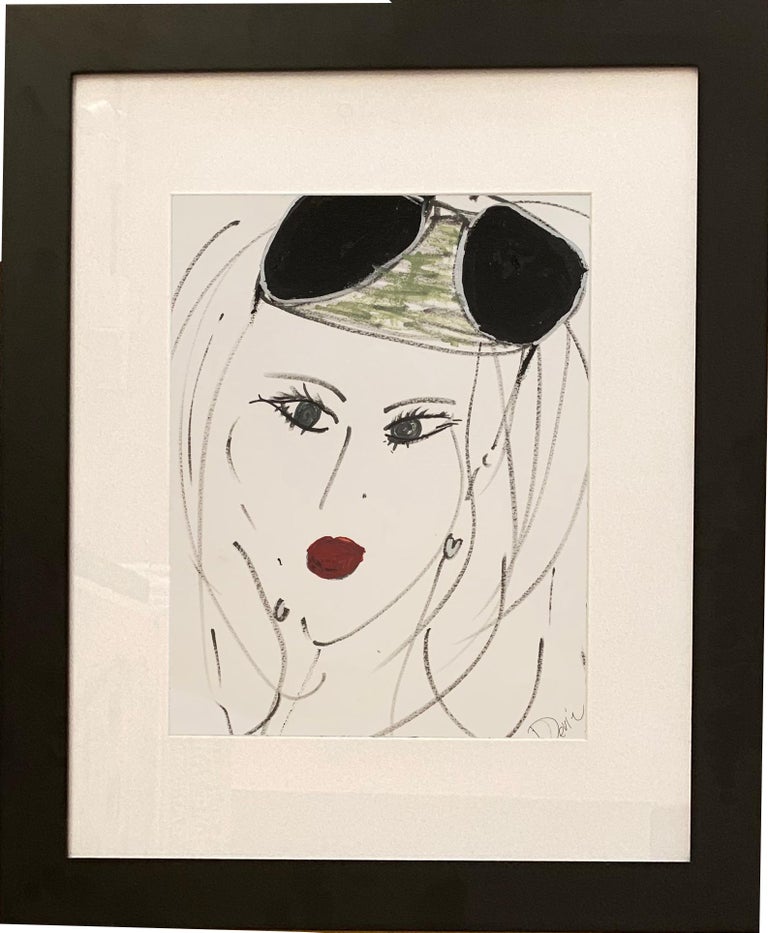 Devie Elzafon - « Femme et lunettes de soleil », portrait original d'un  dessin Encre et acrylique sur papier par Devie En vente sur 1stDibs