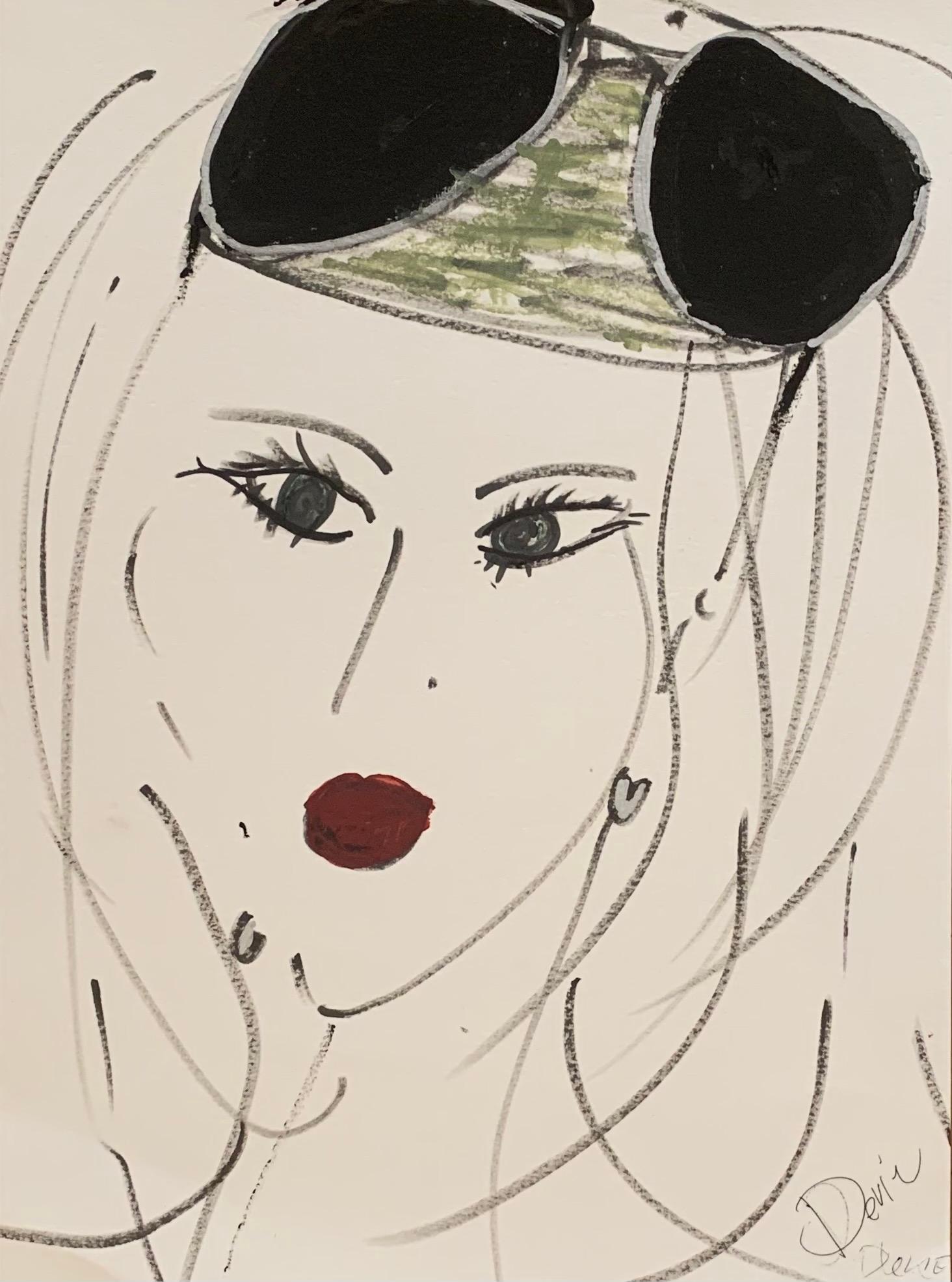 Devie Elzafon Portrait – „Frauen- und Sonnenbrille“ Porträt Originalzeichnung  Tusche und Acryl auf Papier von Devie