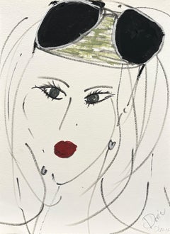 « Femme et lunettes de soleil », portrait original d'un dessin  Encre et acrylique sur papier par Devie