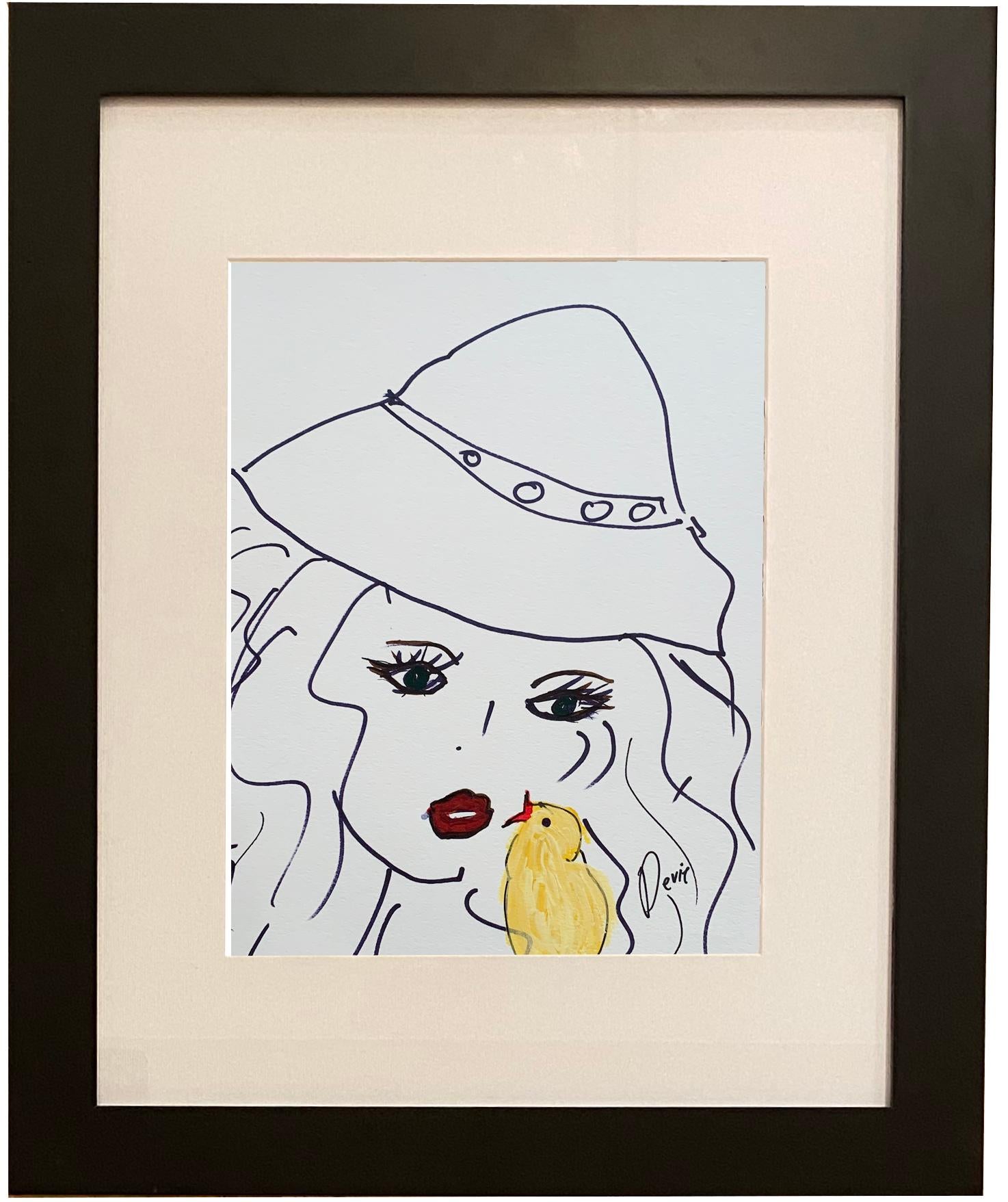 „Frauen mit Hut“  Original-Porträt-Zeichnung mit Tusche und Acryl auf Papier  Von Devie – Art von Devie Elzafon