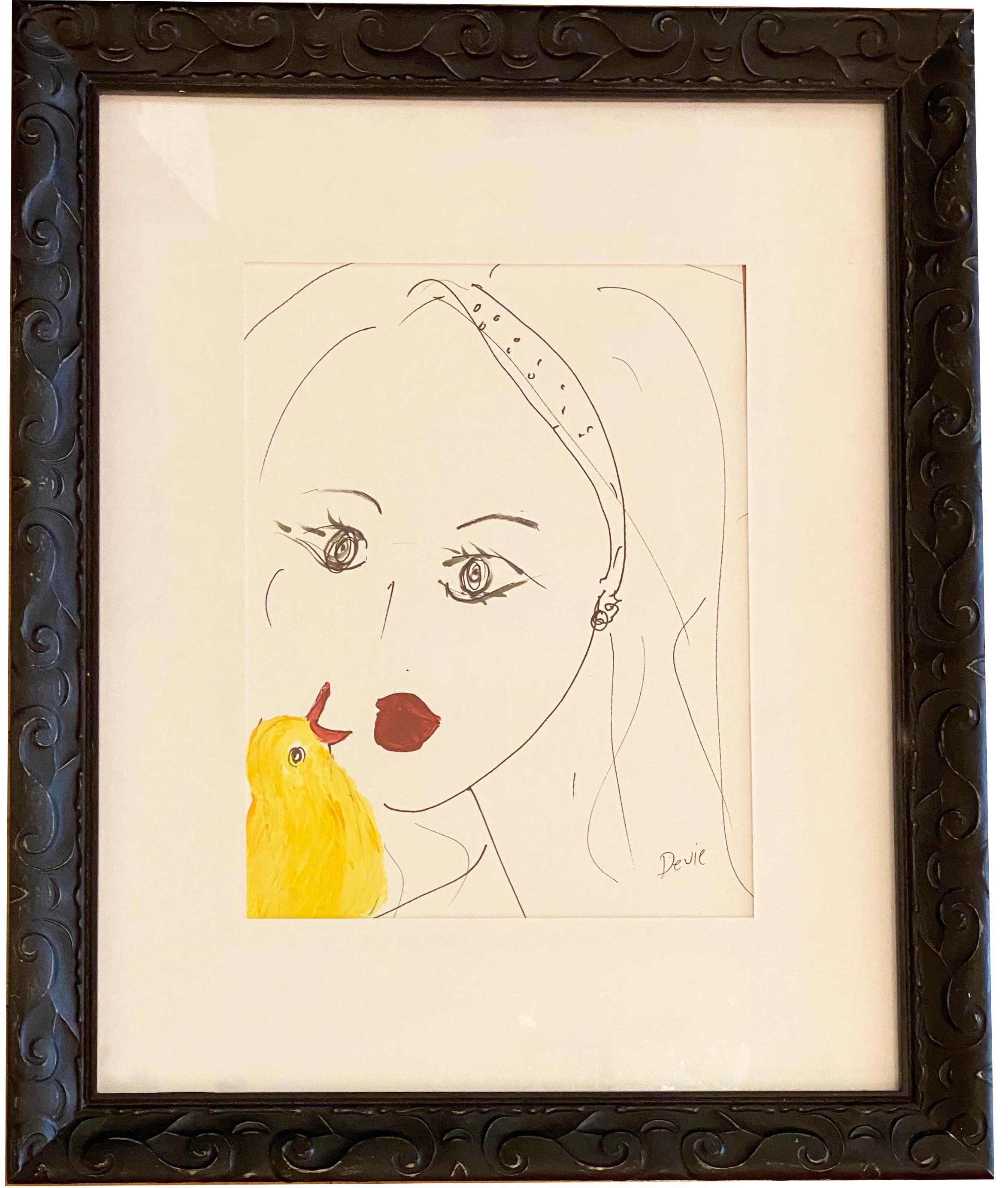 'Young Women & Bird ' original Drawing Acrylic And Ink On Paper  By Devie  - Art by Devie Elzafon