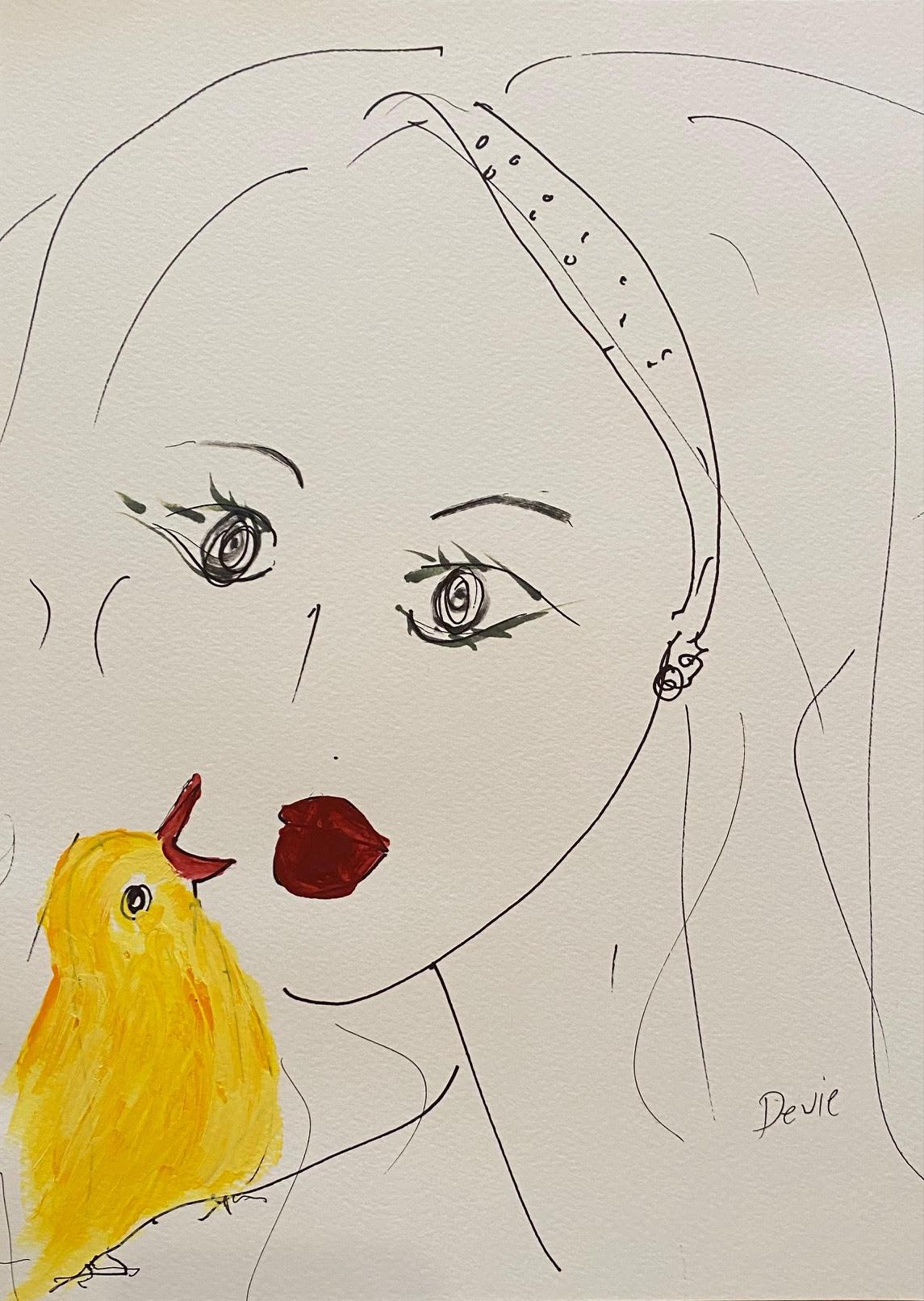 Devie Elzafon Figurative Art - 'Young Women & Bird ' original Drawing Acrylic And Ink On Paper  By Devie 