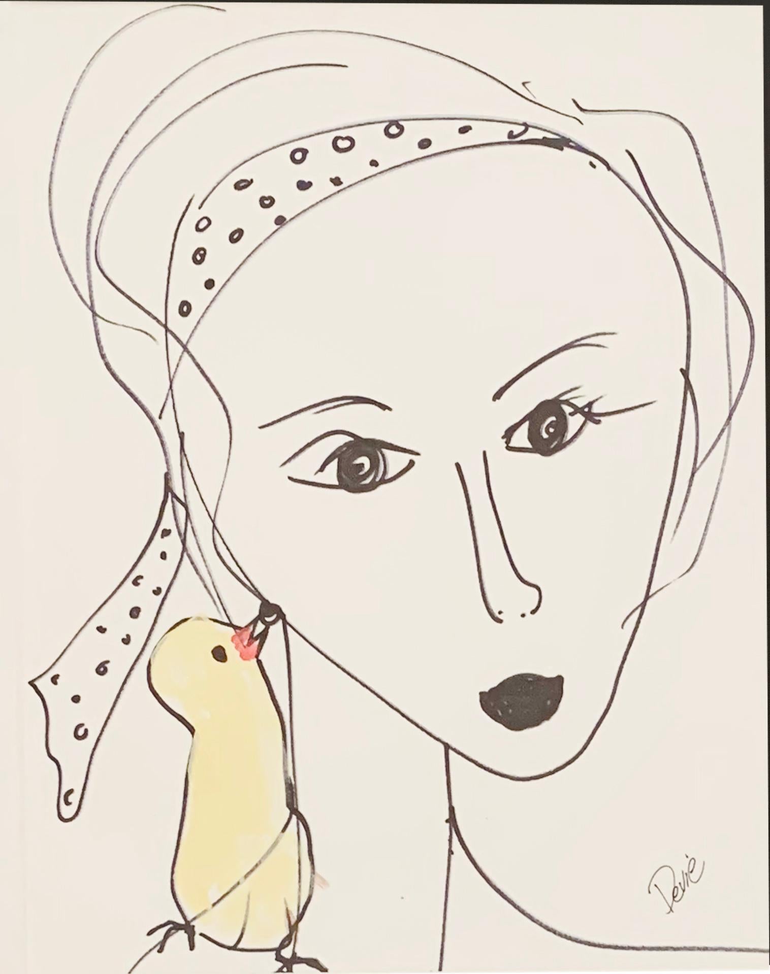 " Woman & Bird" Acrylic  And Ink Portrait  Original Drawing On Paper  by  Devie - Art by Unknown
