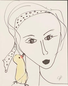 "Headband And Bird" Acrylic and Ink drawing On Paper 