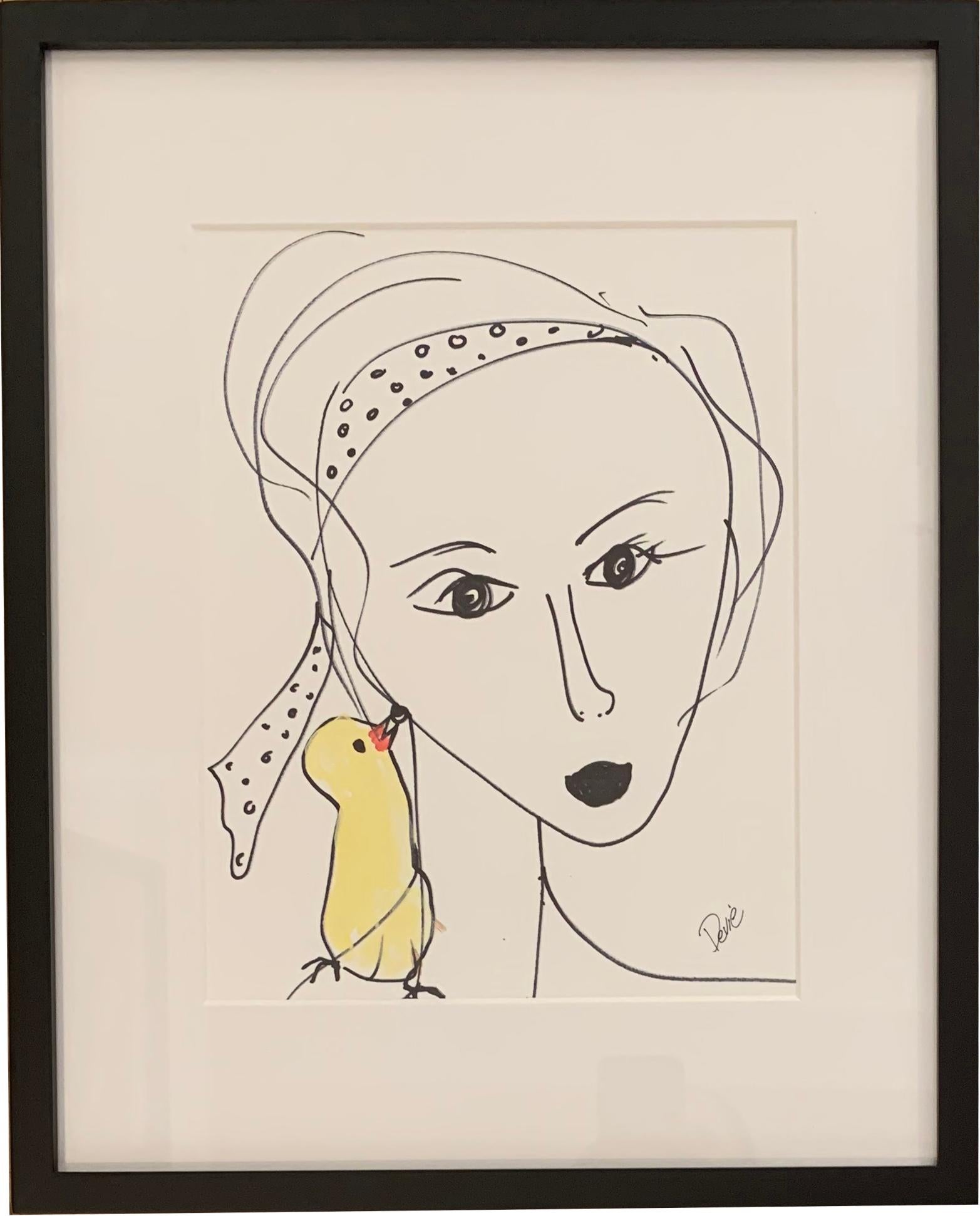 Acrylique « Femme et oiseau »  Portrait à l'encre et à l'encre  Dessin d'origine sur papier  par  Devie - Moderne Art par Unknown