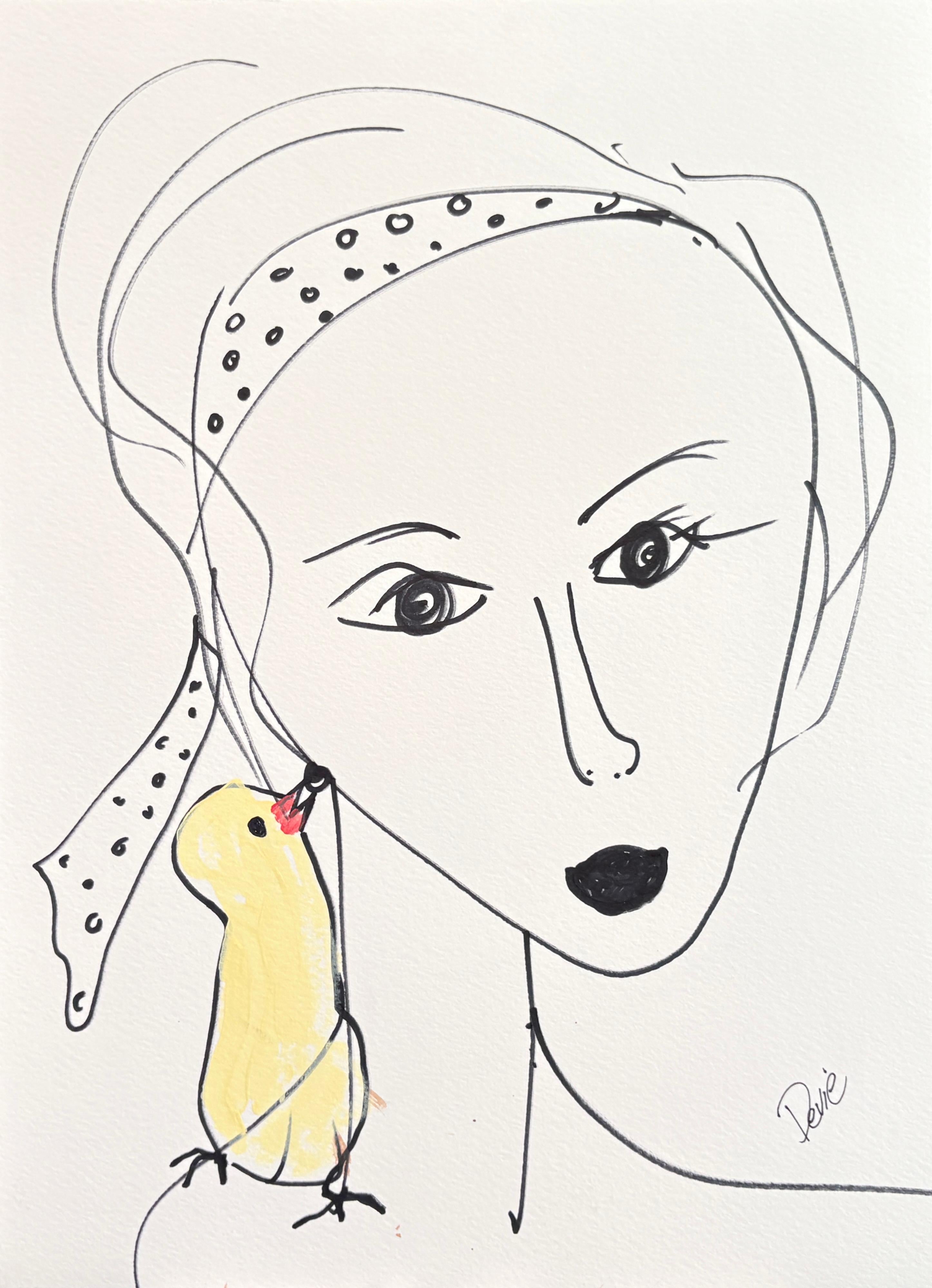 "Donna e uccello" Acrilico  E ritratto a inchiostro  Disegno originale su carta  da  Devie