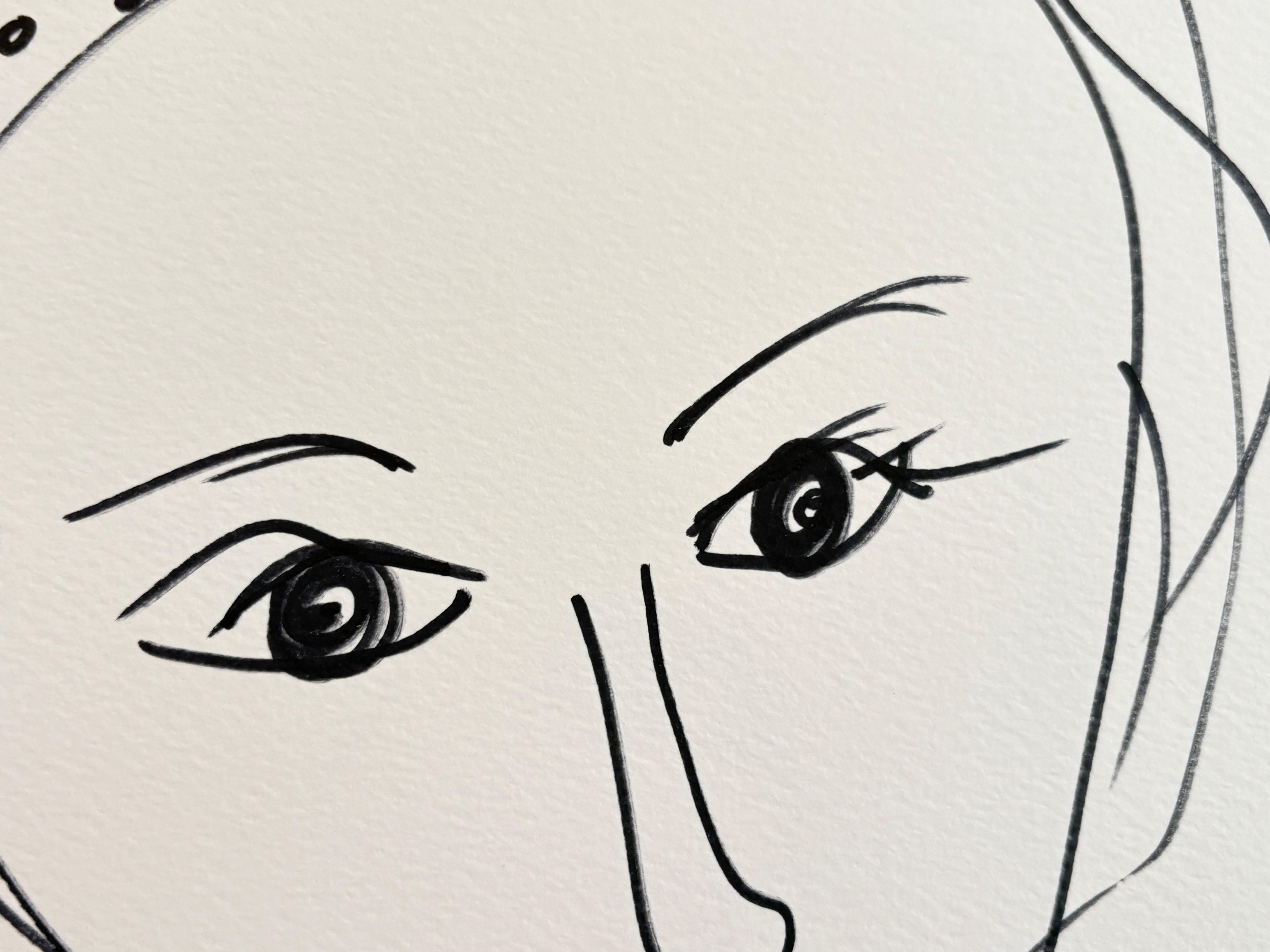 Acrylique « Femme et oiseau »  Portrait à l'encre et à l'encre  Dessin d'origine sur papier  par  Devie en vente 2