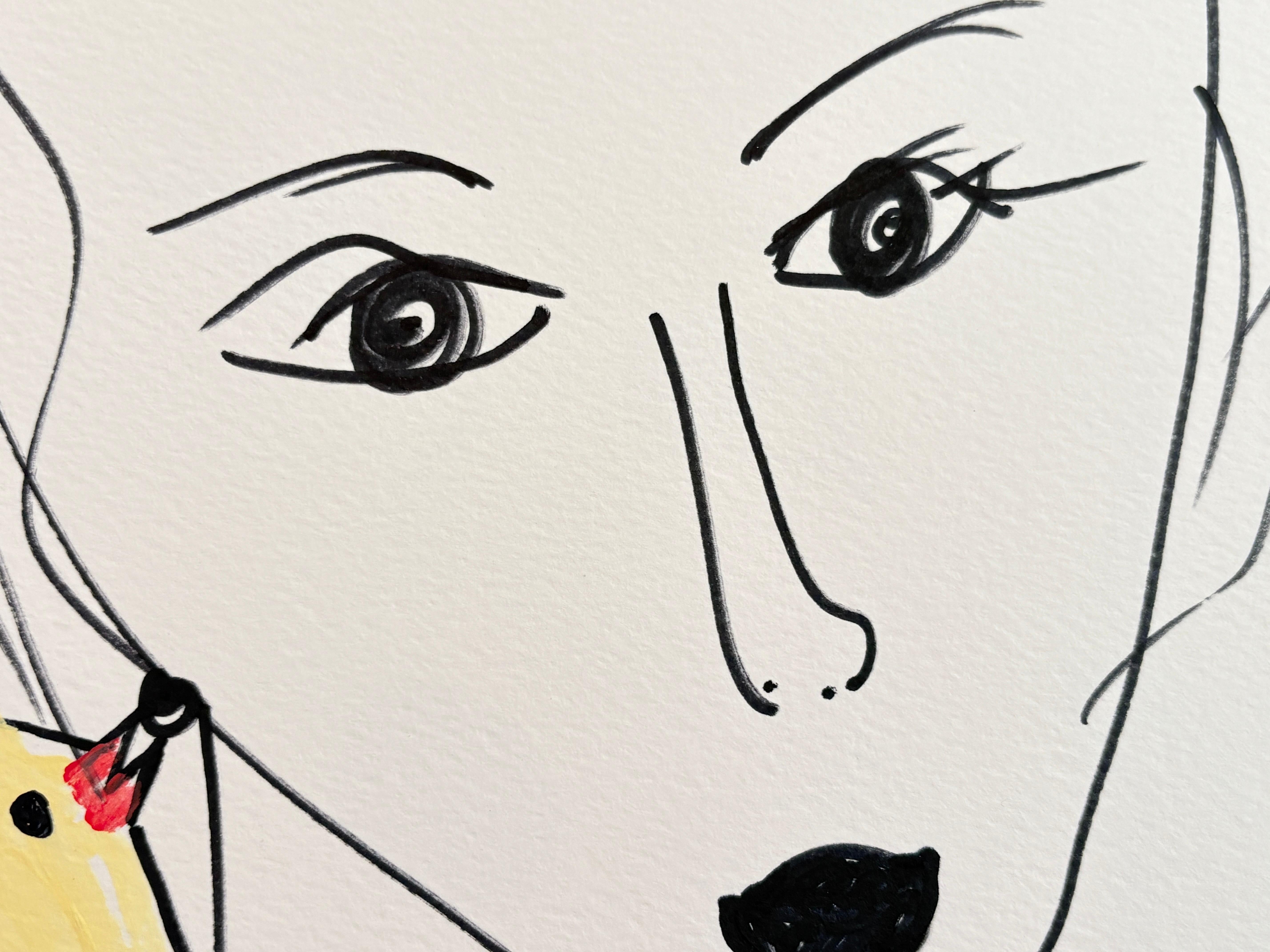 Acrylique « Femme et oiseau »  Portrait à l'encre et à l'encre  Dessin d'origine sur papier  par  Devie en vente 4