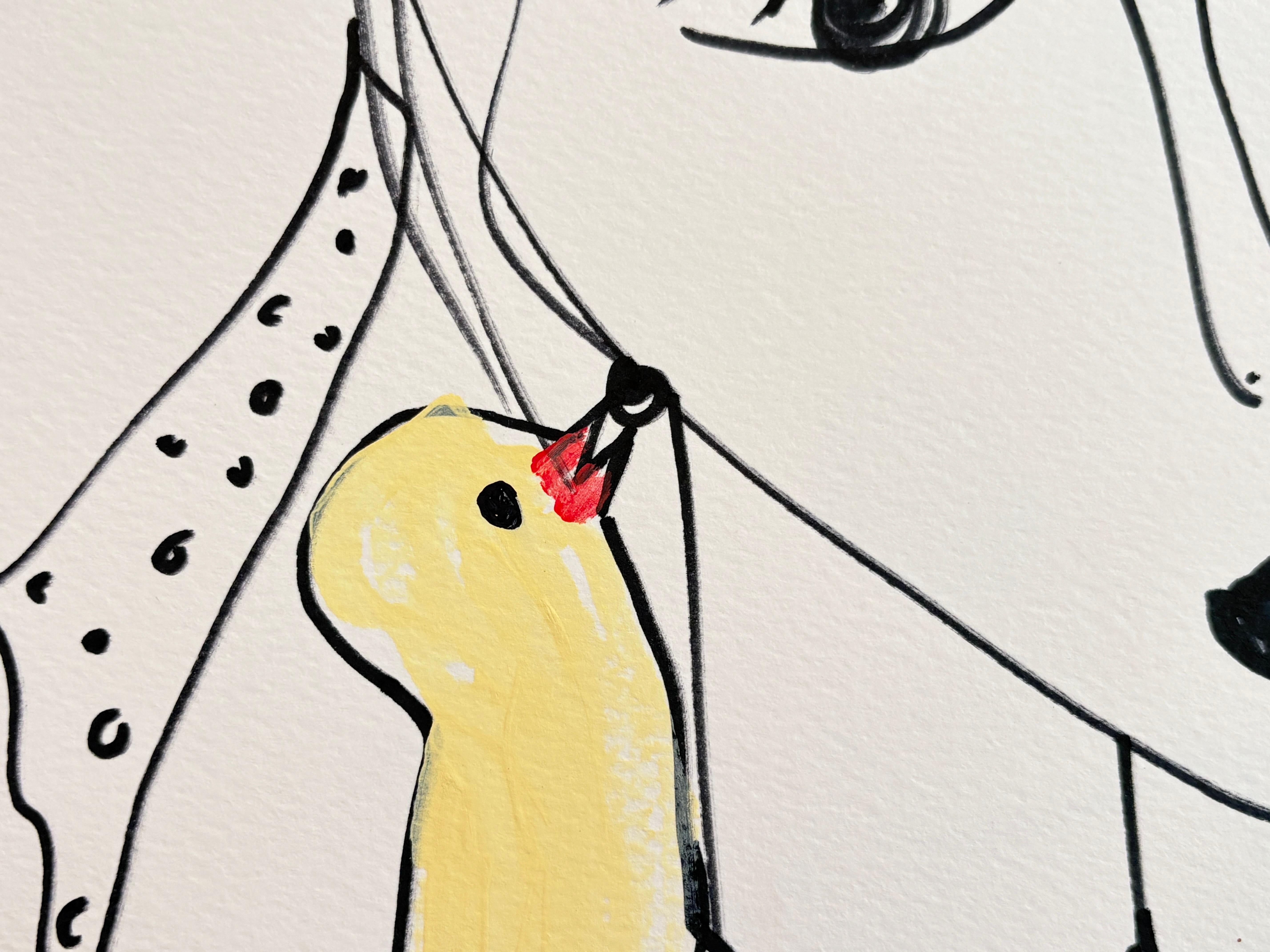 Acrylique « Femme et oiseau »  Portrait à l'encre et à l'encre  Dessin d'origine sur papier  par  Devie en vente 5