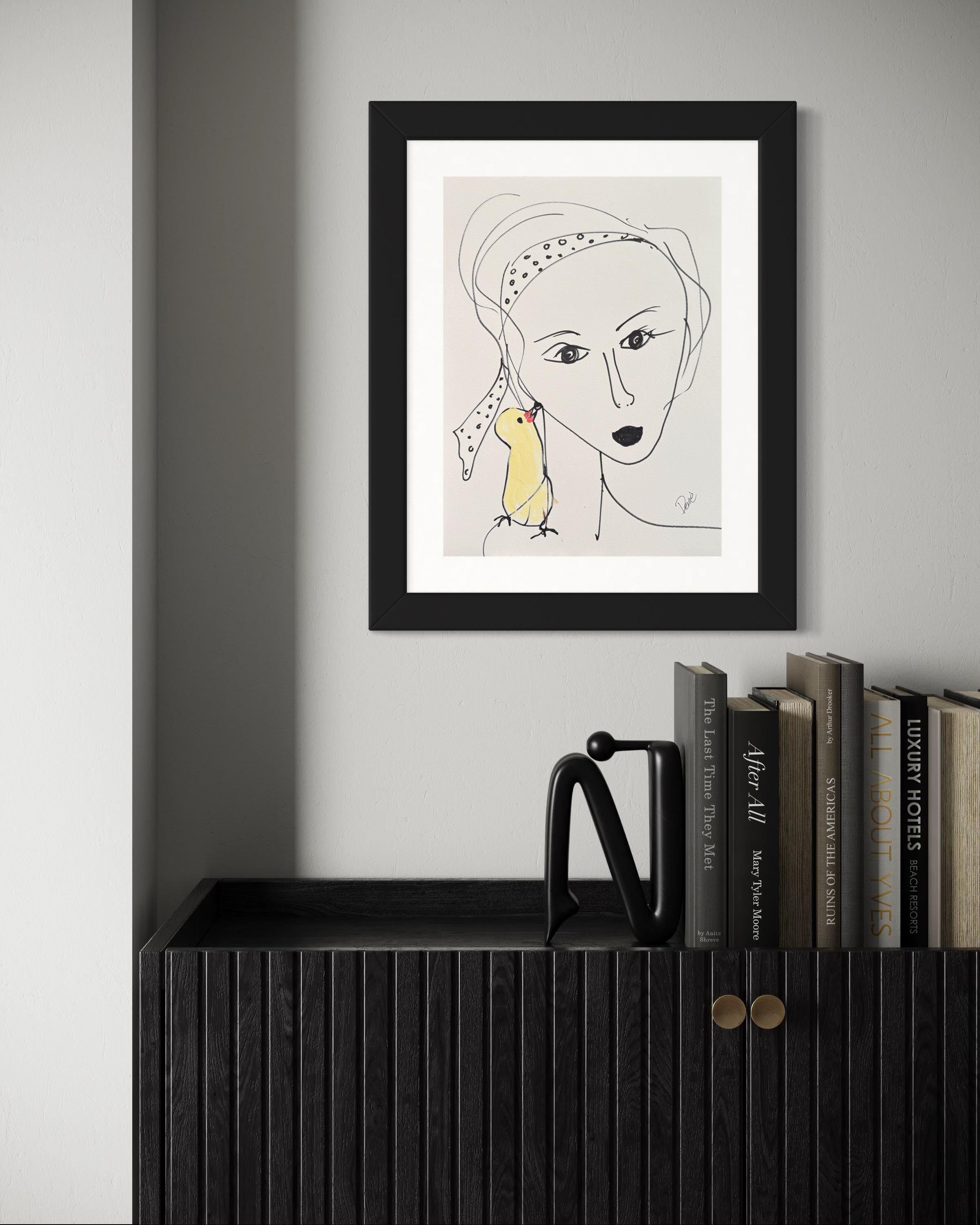 Acrylique « Femme et oiseau »  Portrait à l'encre et à l'encre  Dessin d'origine sur papier  par  Devie - Contemporain Art par Devie Elzafon