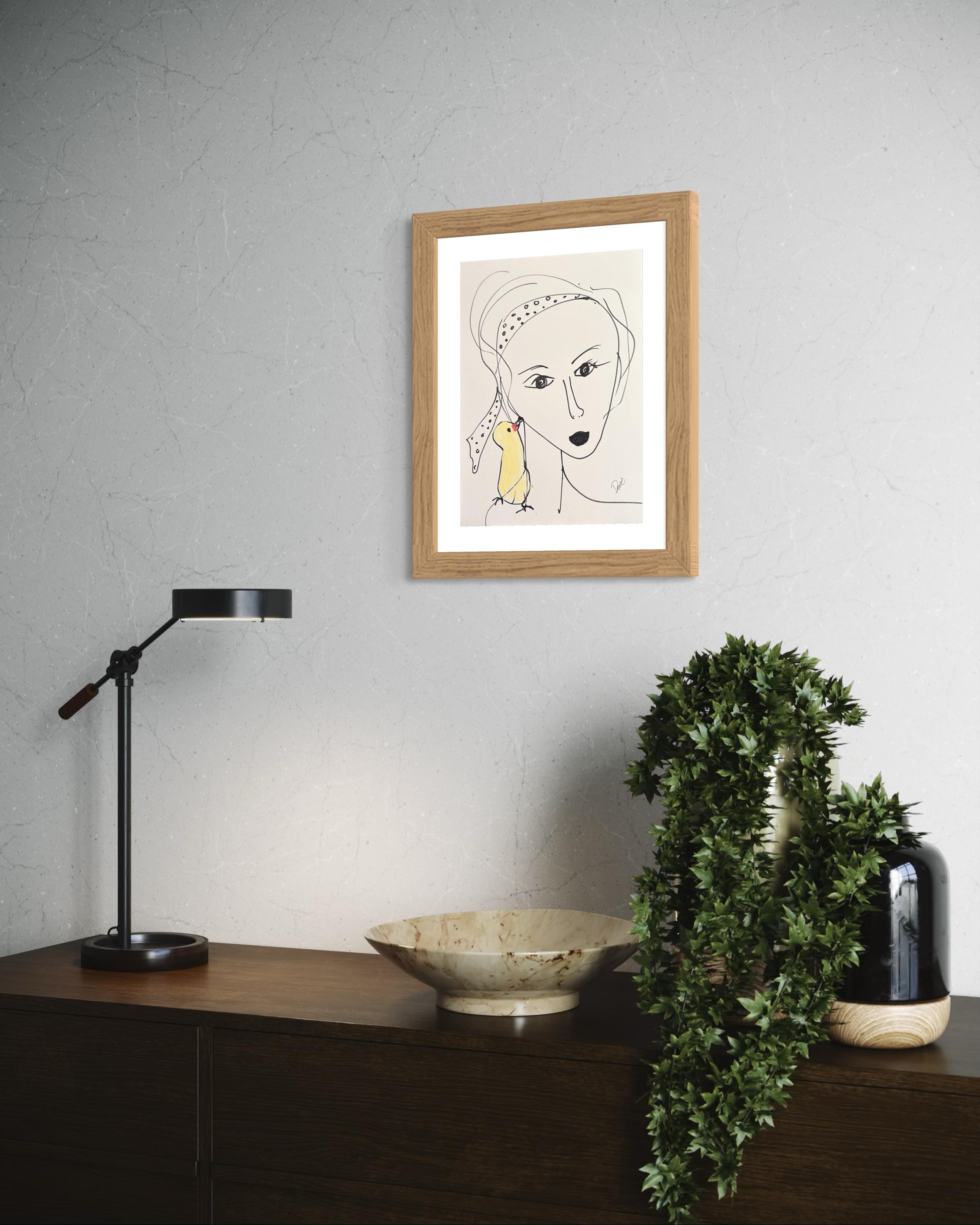 Acrylique « Femme et oiseau »  Portrait à l'encre et à l'encre  Dessin d'origine sur papier  par  Devie en vente 3