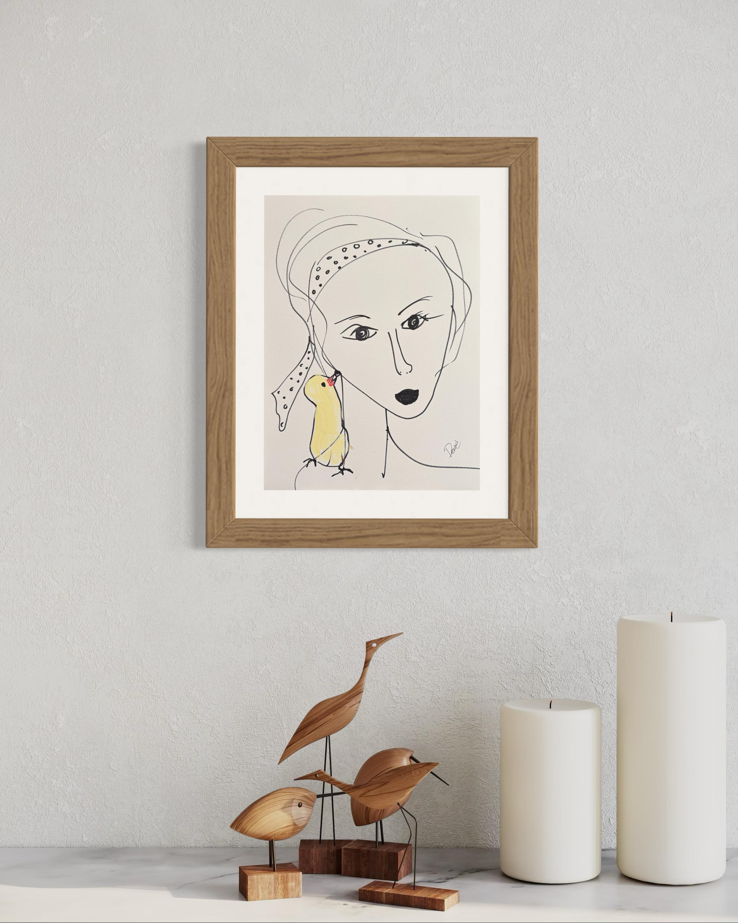 Acrylique « Femme et oiseau »  Portrait à l'encre et à l'encre  Dessin d'origine sur papier  par  Devie en vente 11