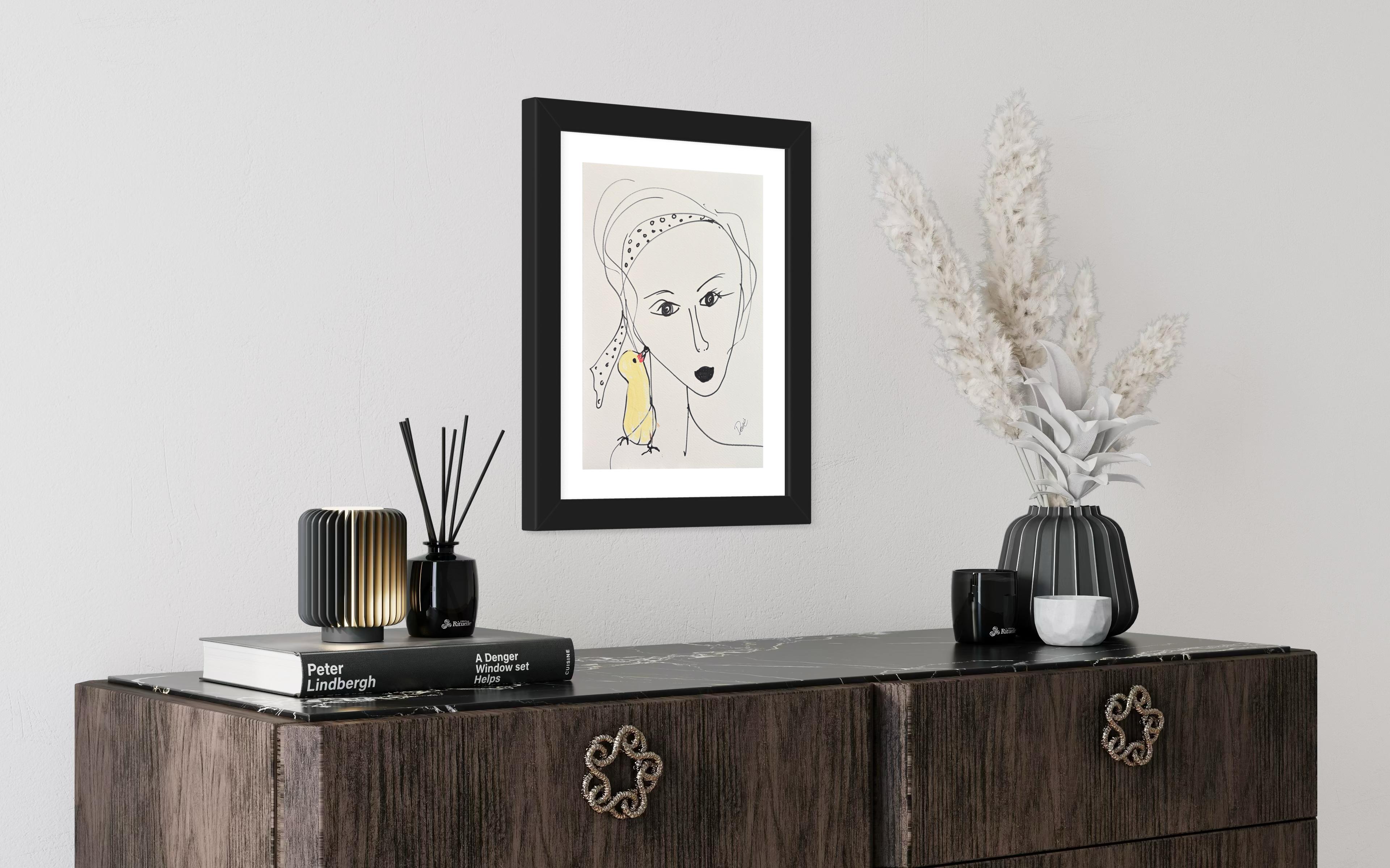 Acrylique « Femme et oiseau »  Portrait à l'encre et à l'encre  Dessin d'origine sur papier  par  Devie en vente 7