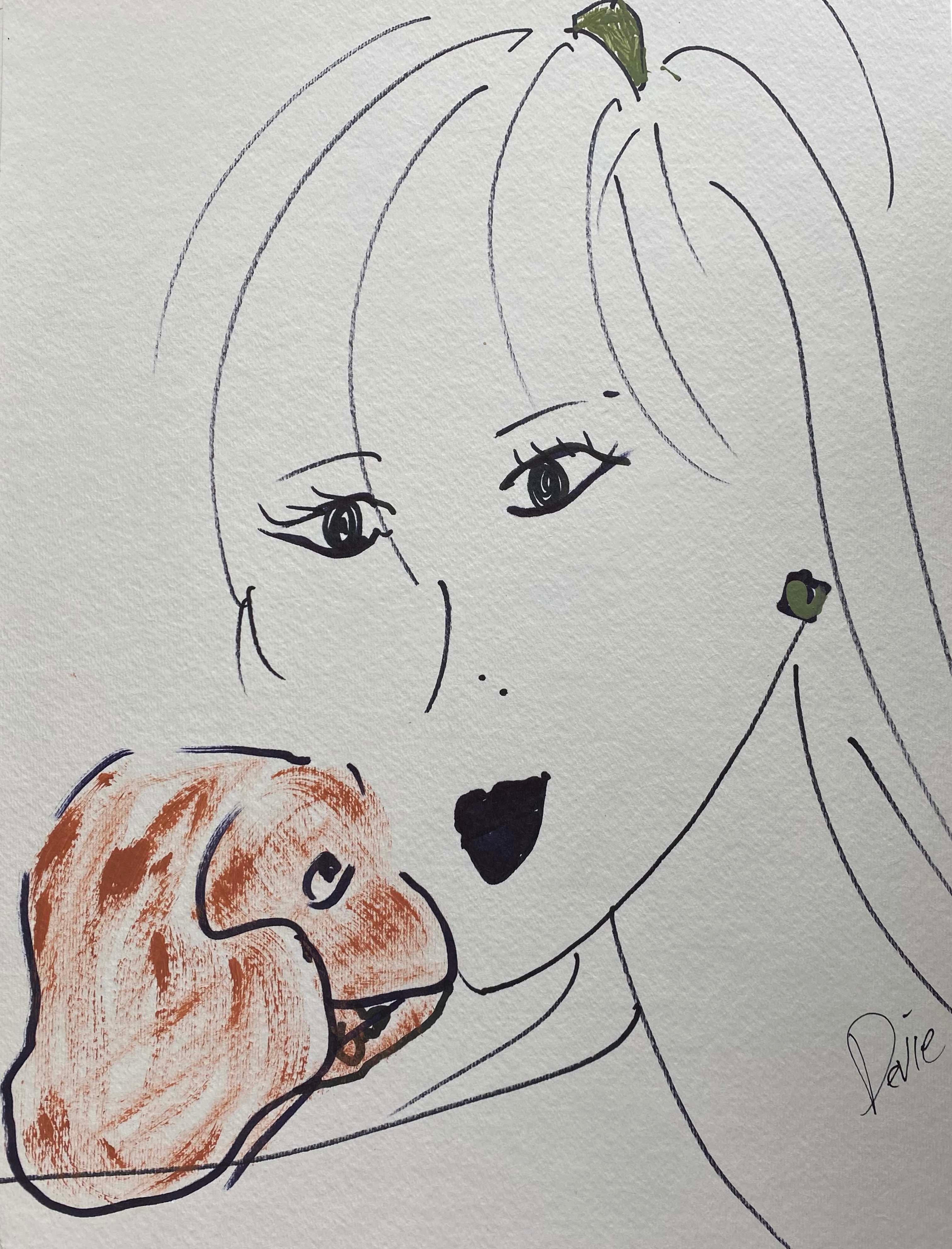 Unknown Figurative Art - "A Woman With A Dog" Pen And Ink & Acrylic on Handmade Paper, Framed