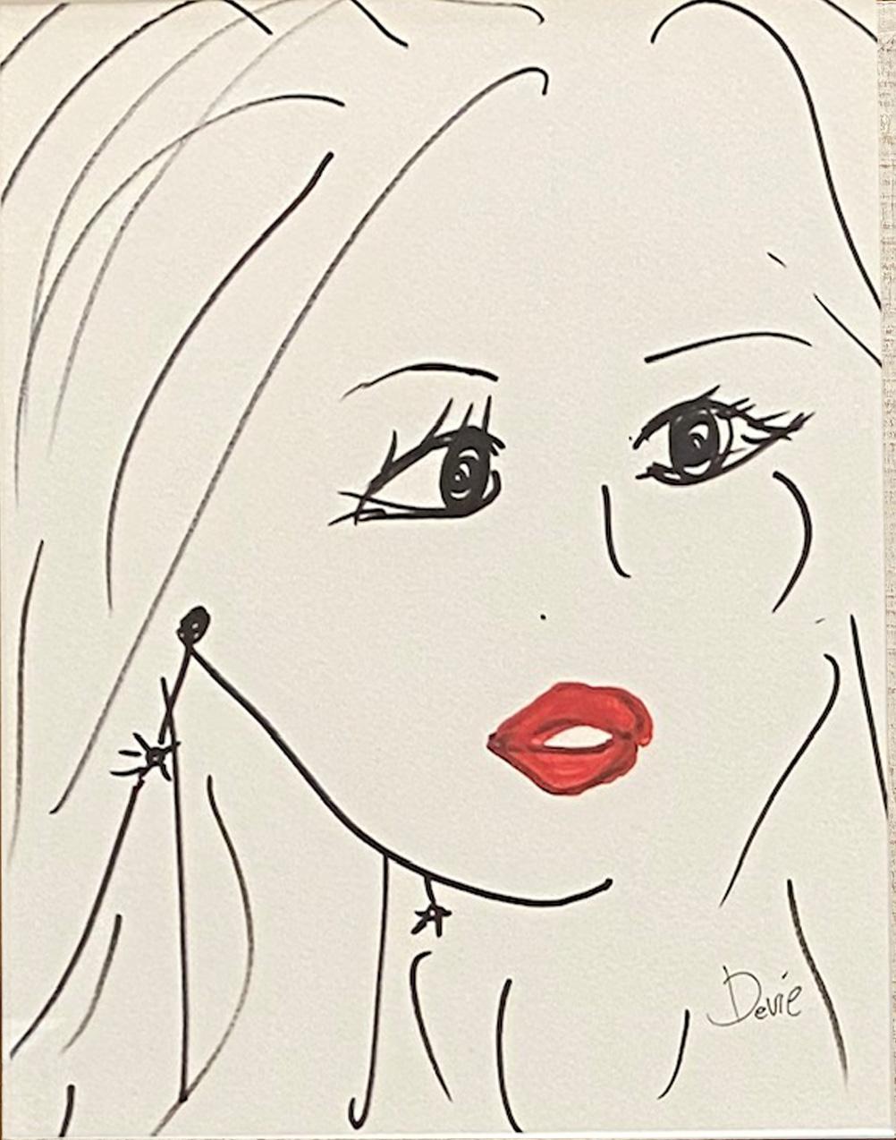 Devie Elzafon Portrait – „Eine Frau mit roten Lippen“ Bleistift und Tinte und Acryl auf Papier von Devie