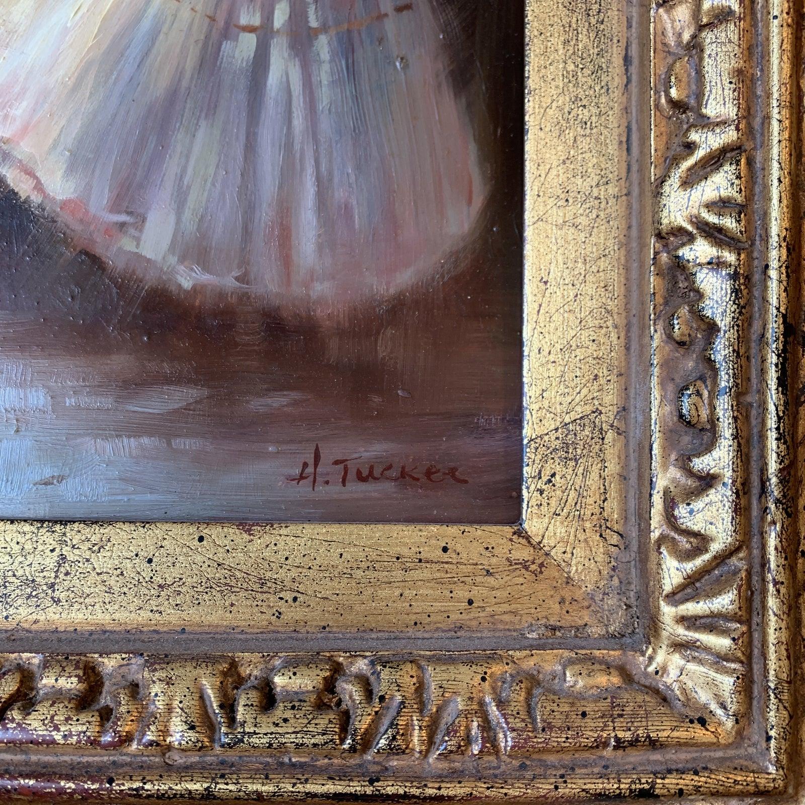 Beautiful oil painting by H Tucker. 20th century European artist that studied and lived in Europe for many years.
Beautiful variation of H. Tucker’s ballerina. This fantastic piece comes in gilded gold carved frame. H. Tucker lived and was active in