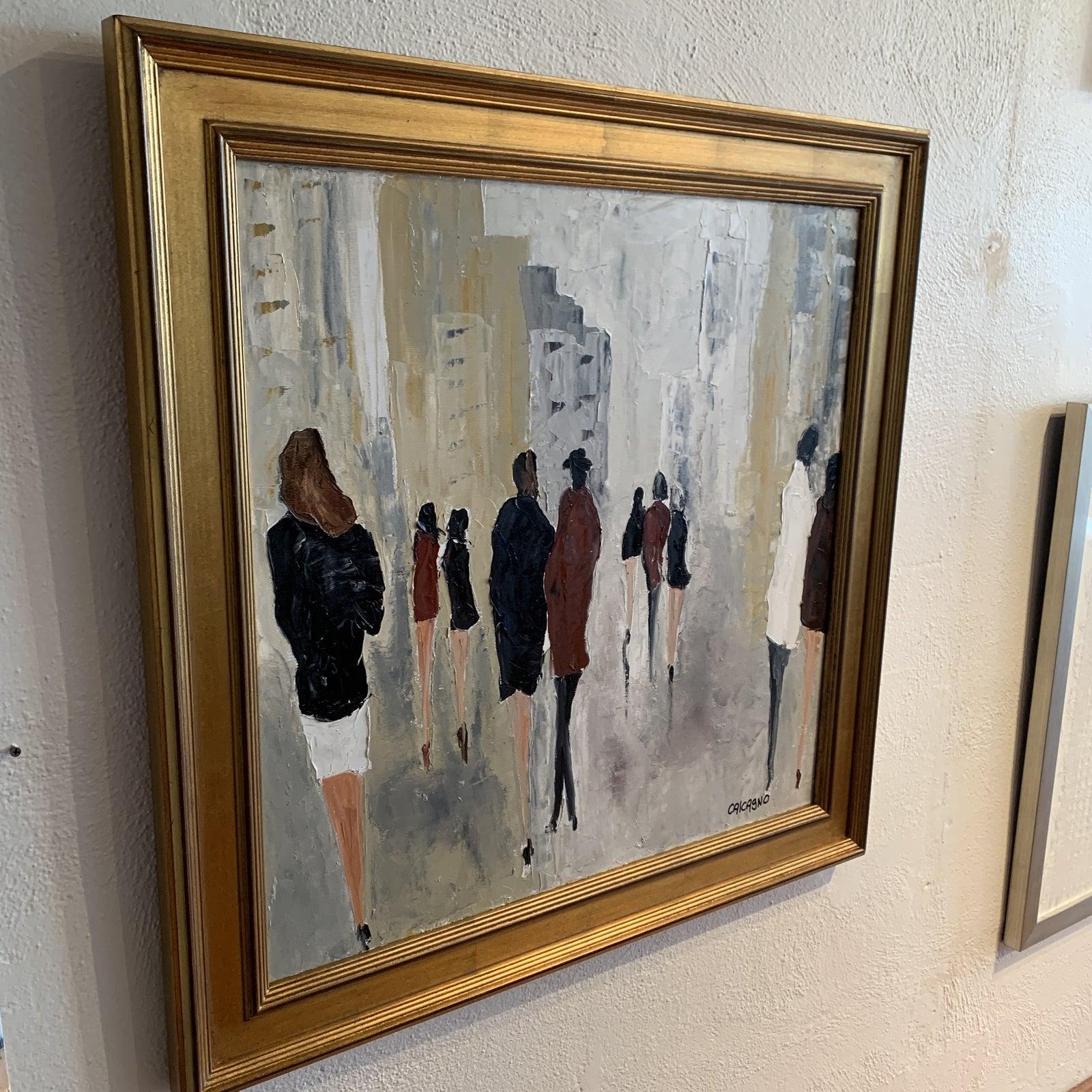 Americas French Impressionist 
Signed on Lower Right 
Stunning and Chic ladies in city scape. Framed professionally in gold. 
The cityscape backgroun brings you to New York. The skysrapers connect the earth to heaven, making a world of complexity