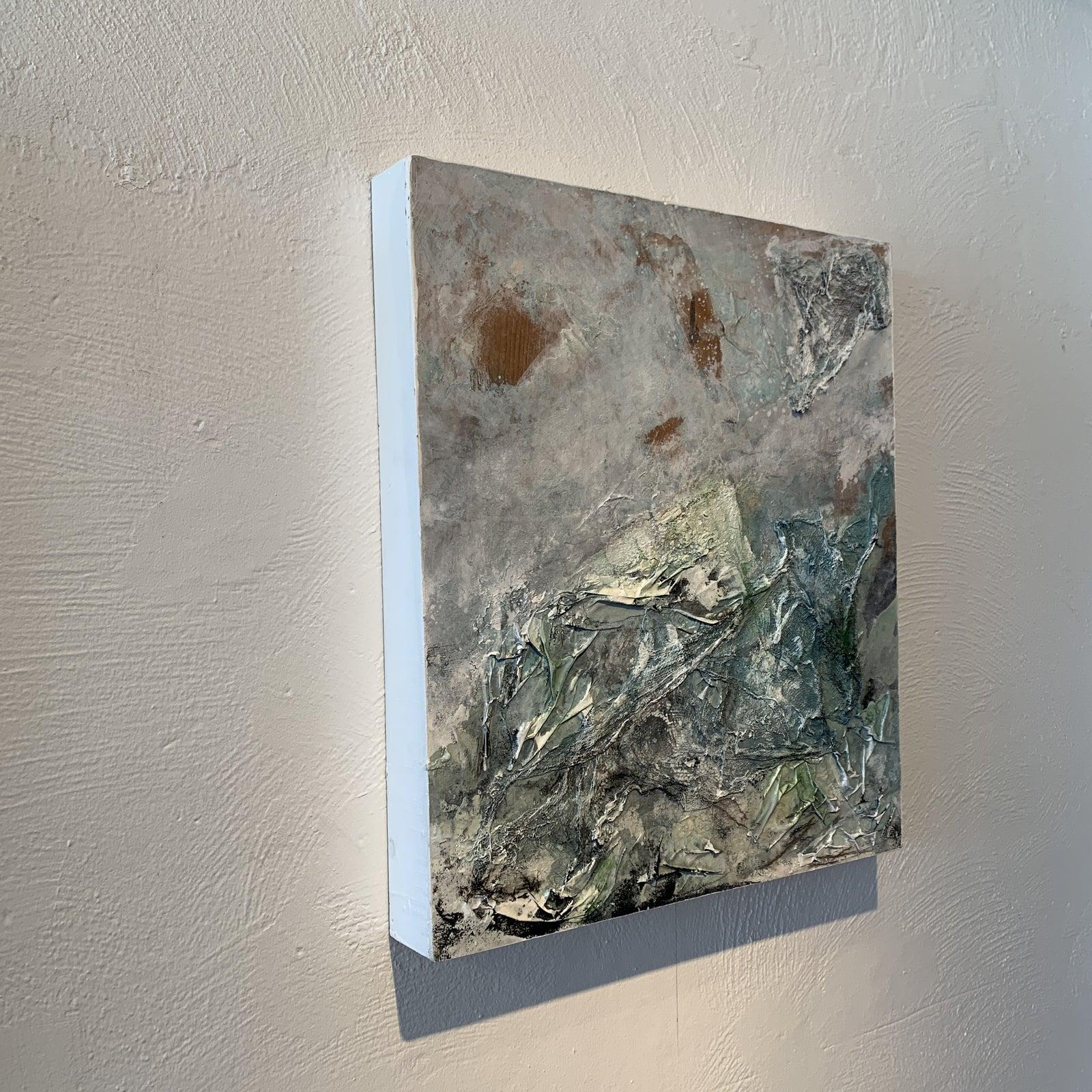 Heavily texturized piece by Aaron Whitehouse. This Mix Media has touches of turquoise blue , amber and whites. 
From Aaron's big art show in Atlanta called 