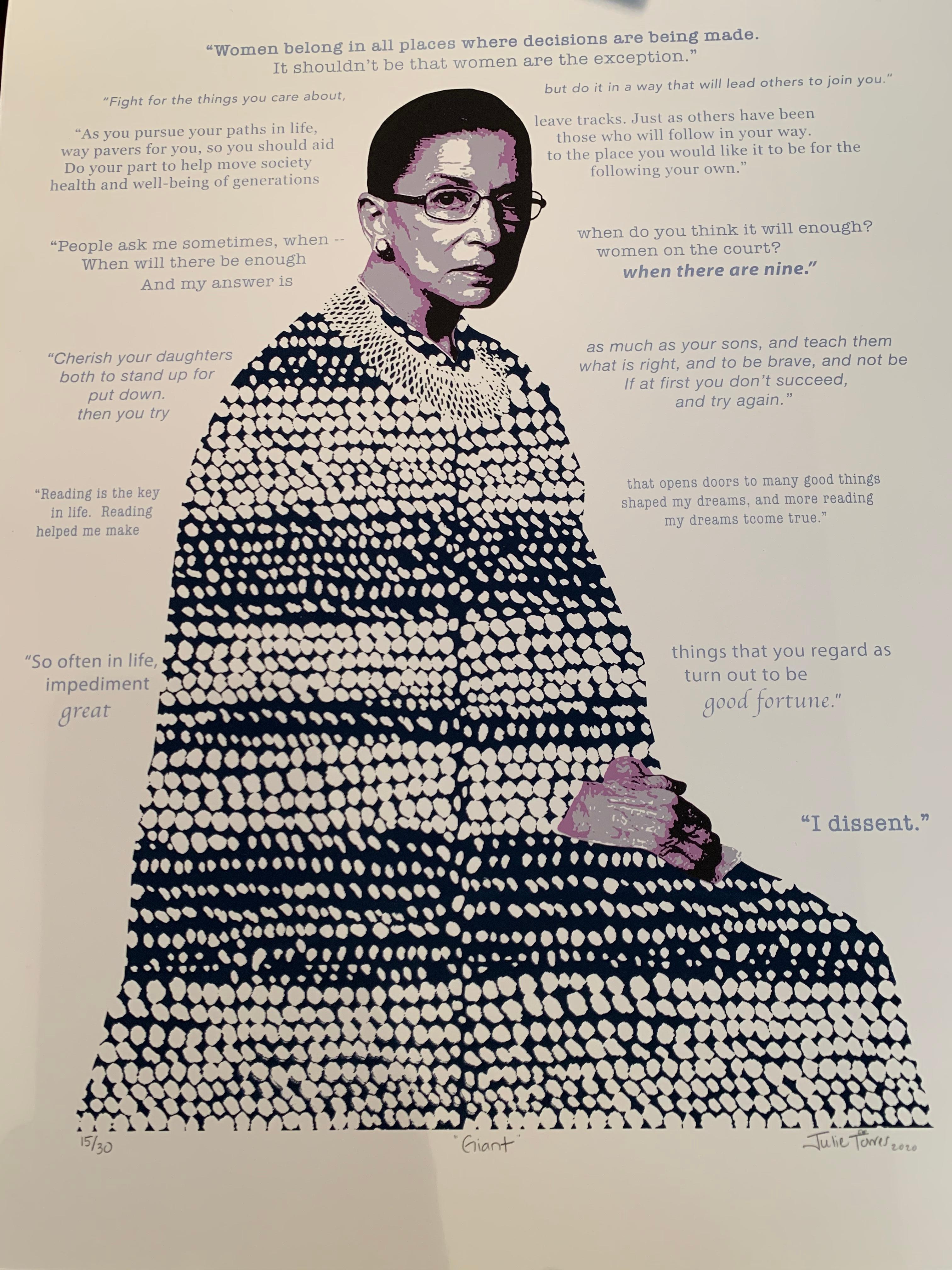 „Giant“ Ruth Bader Ginsburg Siebdruck aus Seide (Pop-Art), Print, von Julie Torres 