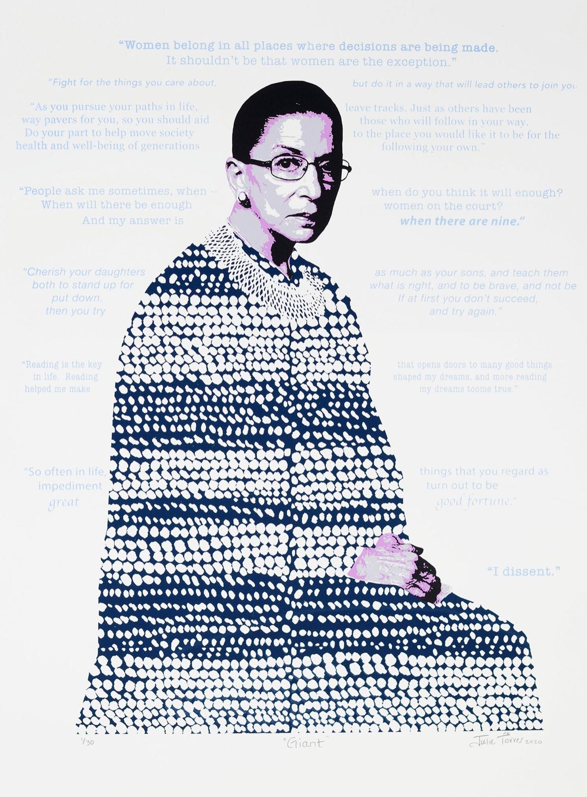 „Giant“ Ruth Bader Ginsburg Siebdruck aus Seide – Print von Julie Torres 