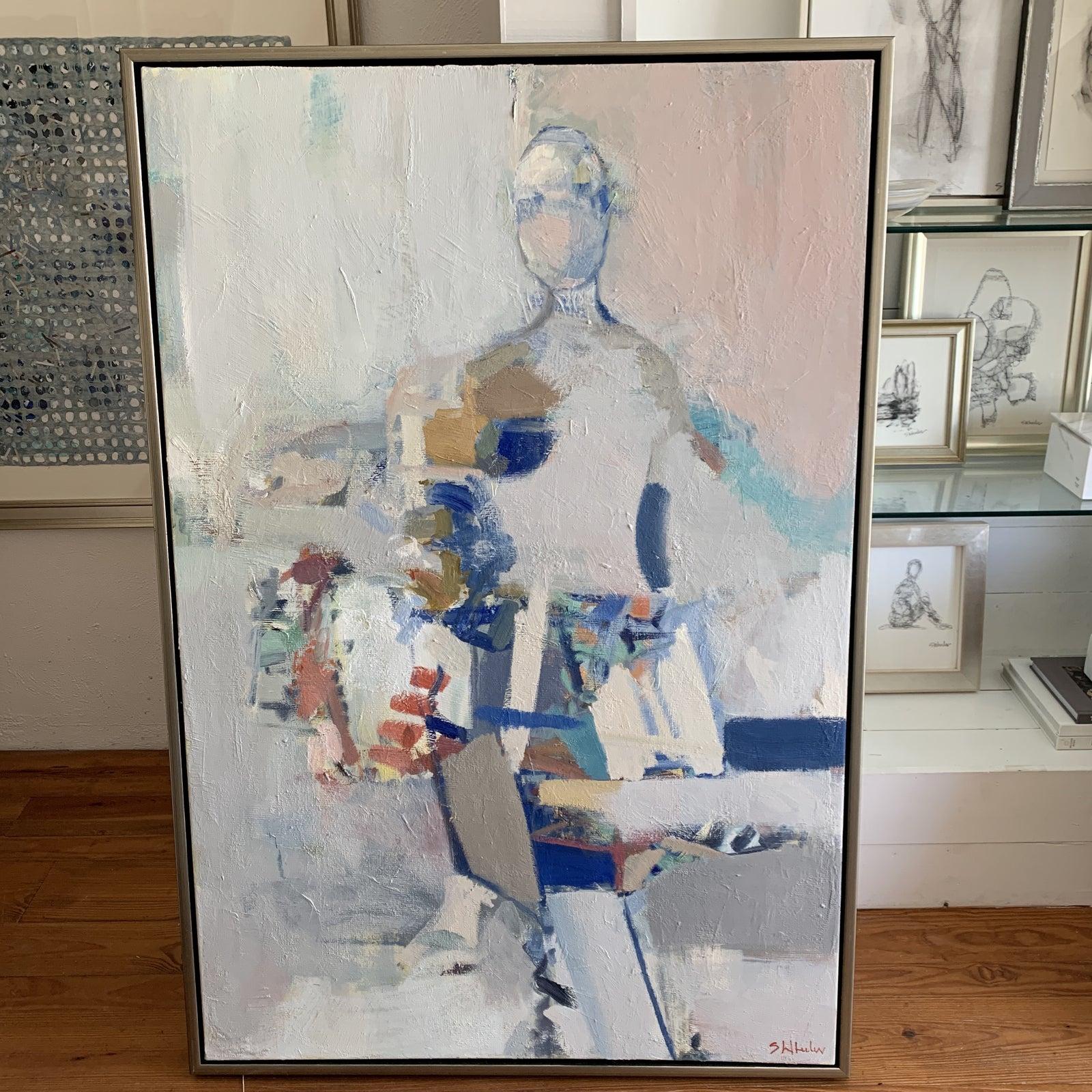 Stephanie Wheeler oil figure. Pale Pink, Blues and greys. Floating in Silver frame. This figurative piece will make a statement in any home! Brings joy & happiness. This painting is part of her show 