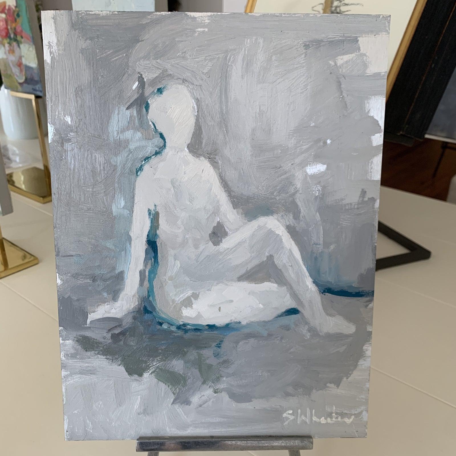 Aktfarbenes Gemälde auf Aluminium (Grau), Figurative Painting, von Stephanie Wheeler