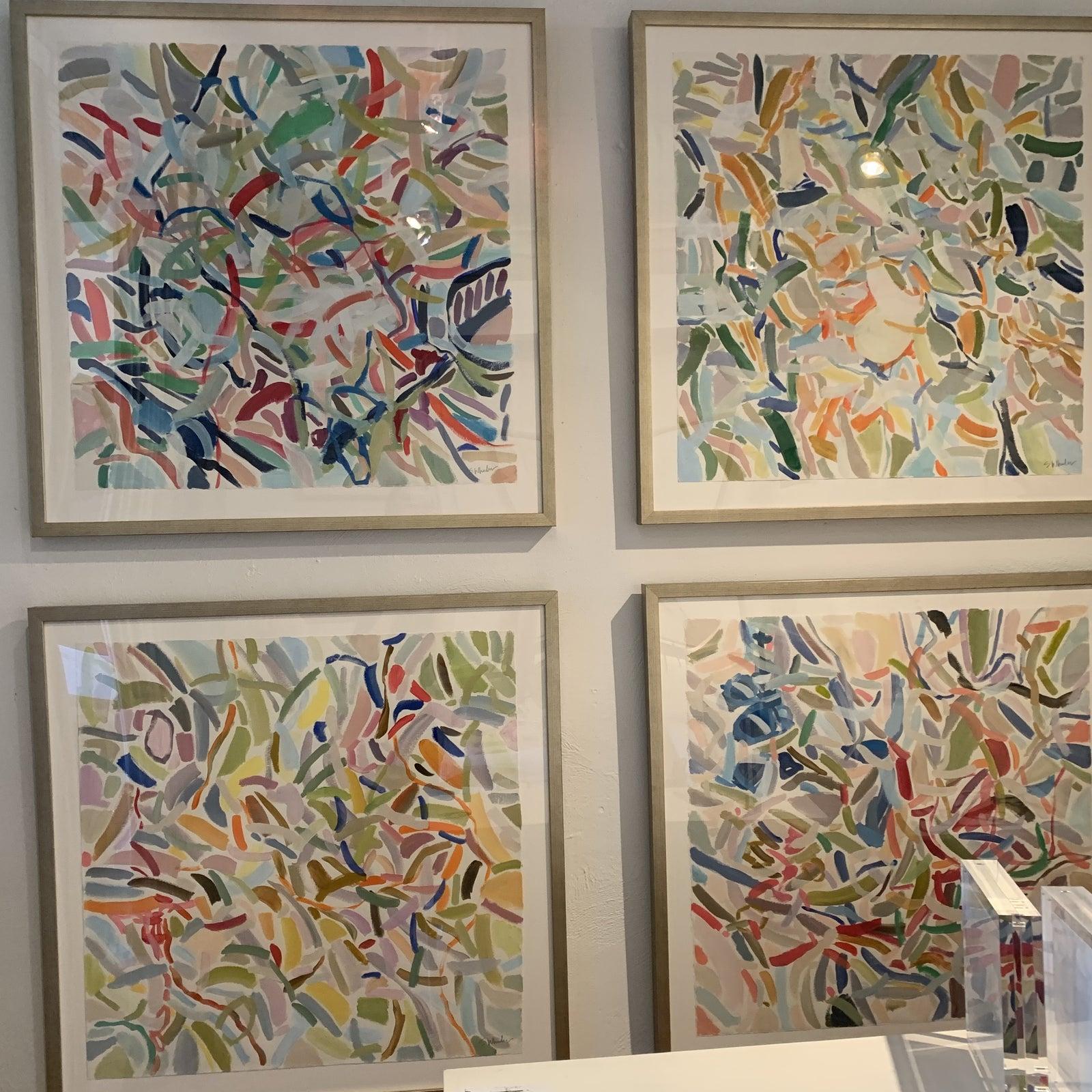  silver framed colorful abstracts by Stephanie Wheeler.
Signed on the front right - Oil Painting on Italian paper
Plexiglass fronts

Blues, Greens , Pinks and more!! 