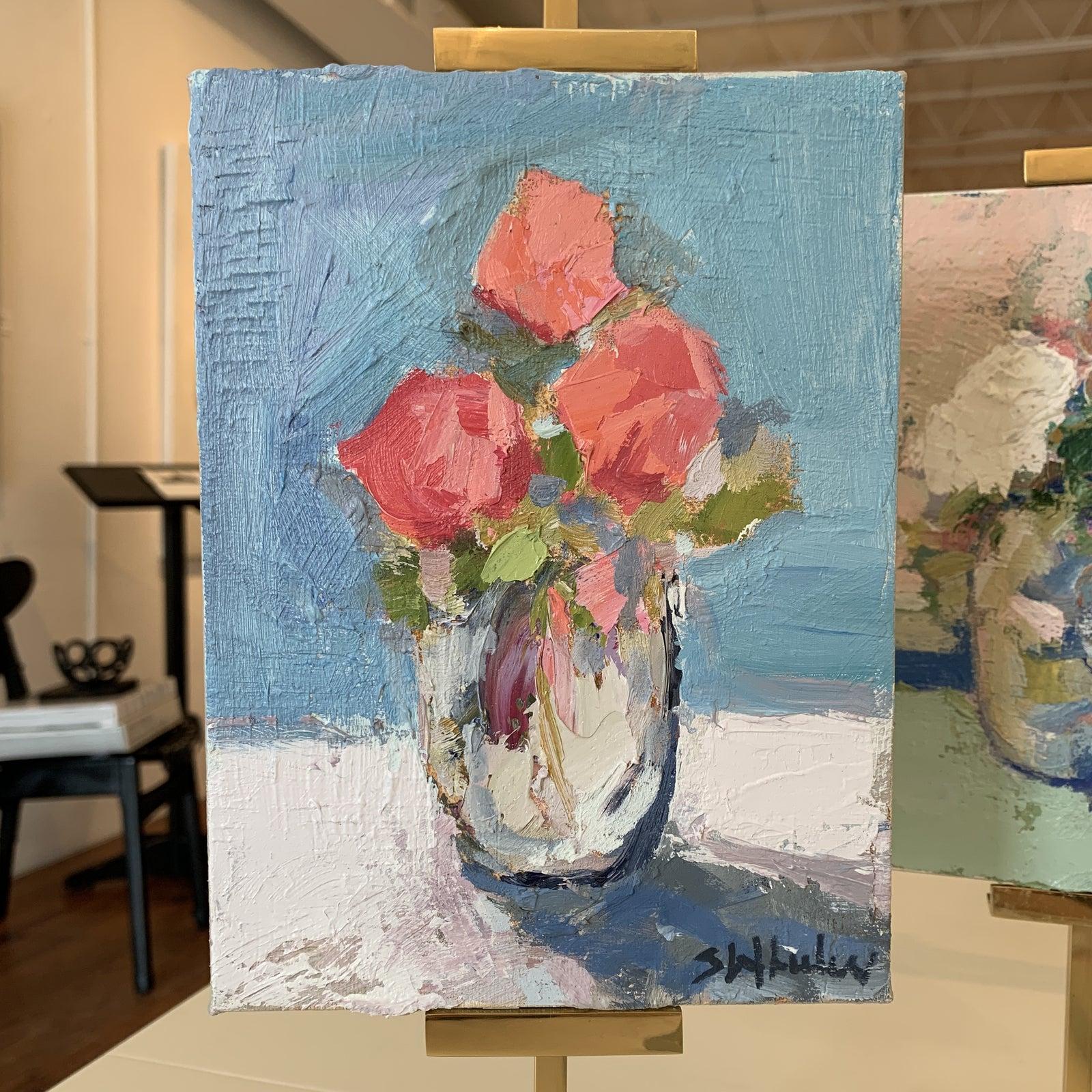 Mini Floral Oil Painting on Canvas - Gray Still-Life Painting by Stephanie Wheeler