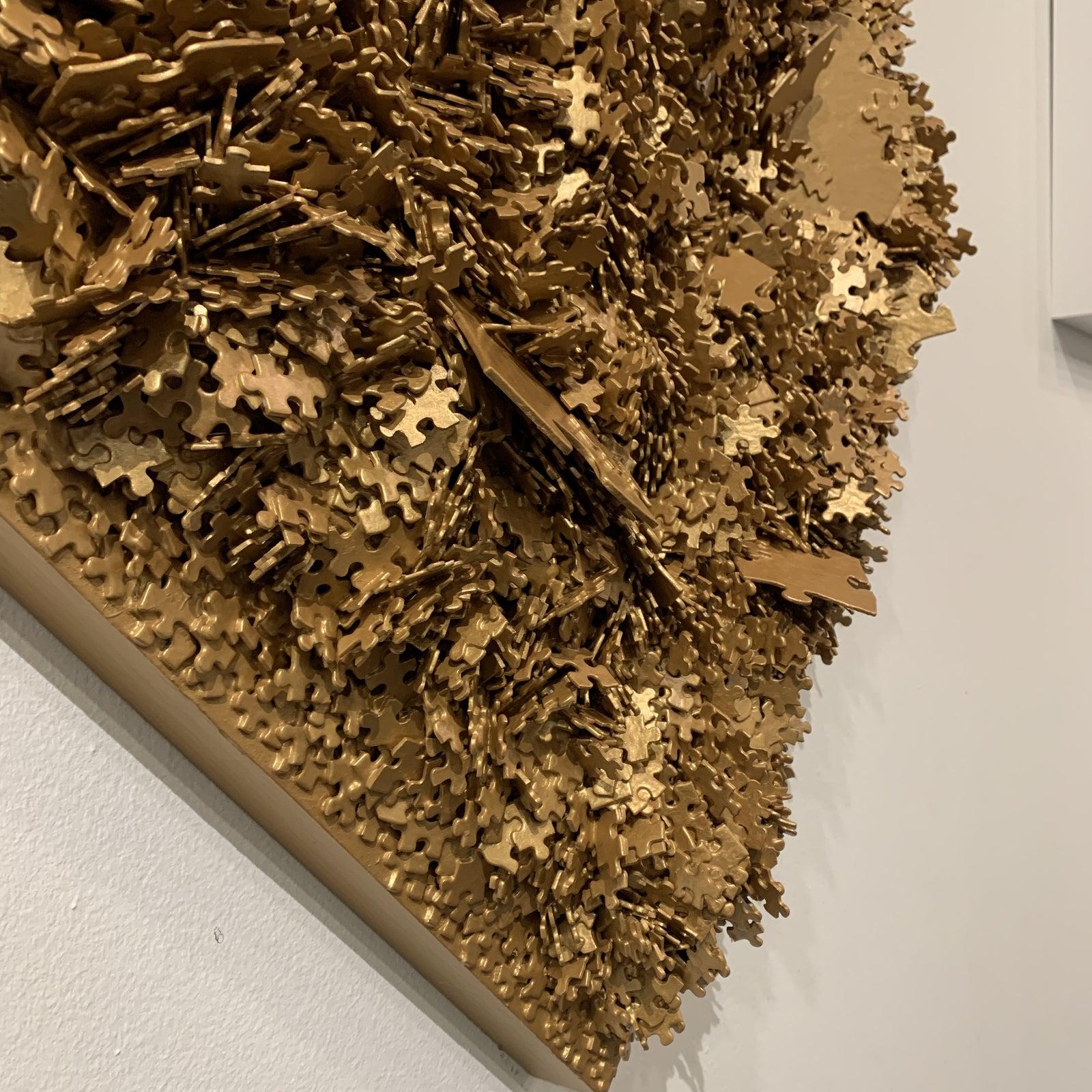 Puzzle Relief Works by artist: Jeffrey Wilcox Pacilpan
Hand Painted and Hand Made Wall Sculpture
signed and titled on the Reverse

Looks great hung in a diamond shape or straight on. Gold is a latex paint. Easy to hang. Each puzzle is upcycled and