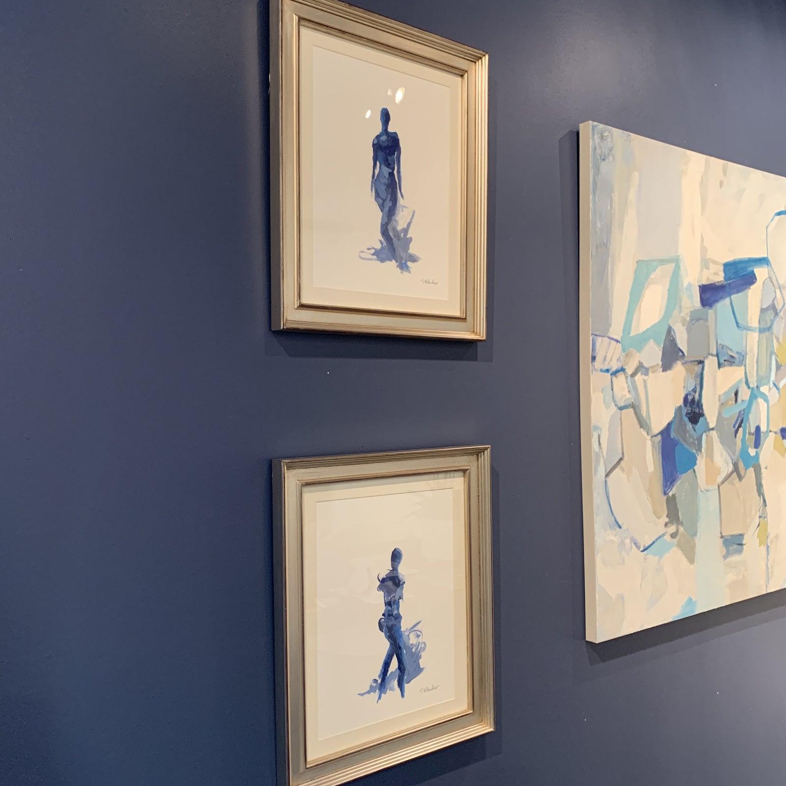 Navy Blue Nude Framed by S Wheeler  - Beige Nude Painting by Stephanie Wheeler