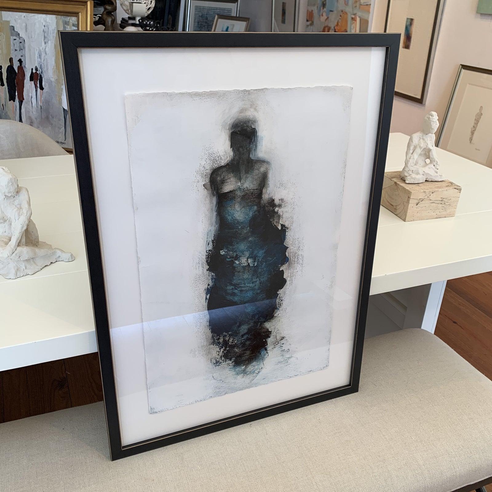 Framed Figurative Piece by Atlanta Based Artist, Tracy Sharp. Signed on the reverse. Beauty touches of blue, black and silvers. The frame is a thin black wooden frame with slight gold trim detail. More pictures are available.

Biography. Tracy