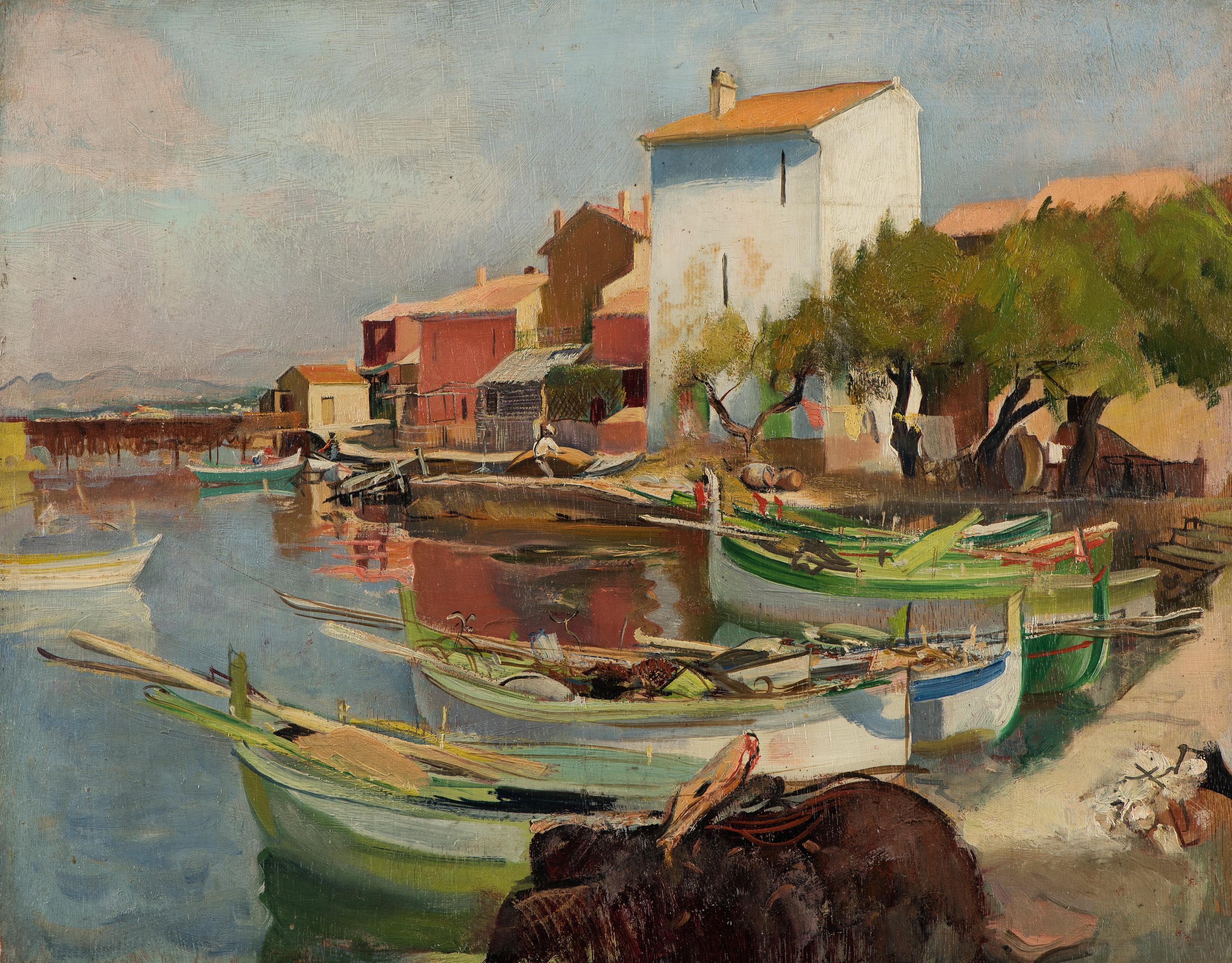 Eugene Narbonne Landscape Painting - Fishing boats in the harbour at Brusc